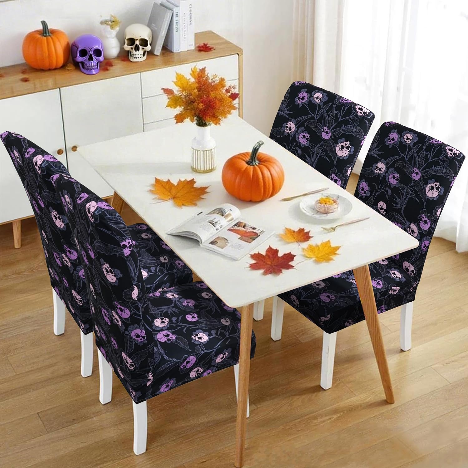 Roszwtit Halloween Goth Skull Chair Covers for Dining Room Set of 4 Halloween Gothic Skeleton Stretch Dining Chair Slipcovers 4 Pieces Spooky Washable Removable Seat Protector 4 Pack Decor