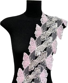 Tulle Butterfly Lace Trim 3D Sequin Embroidered Applique DIY, Pink, 10 pcs