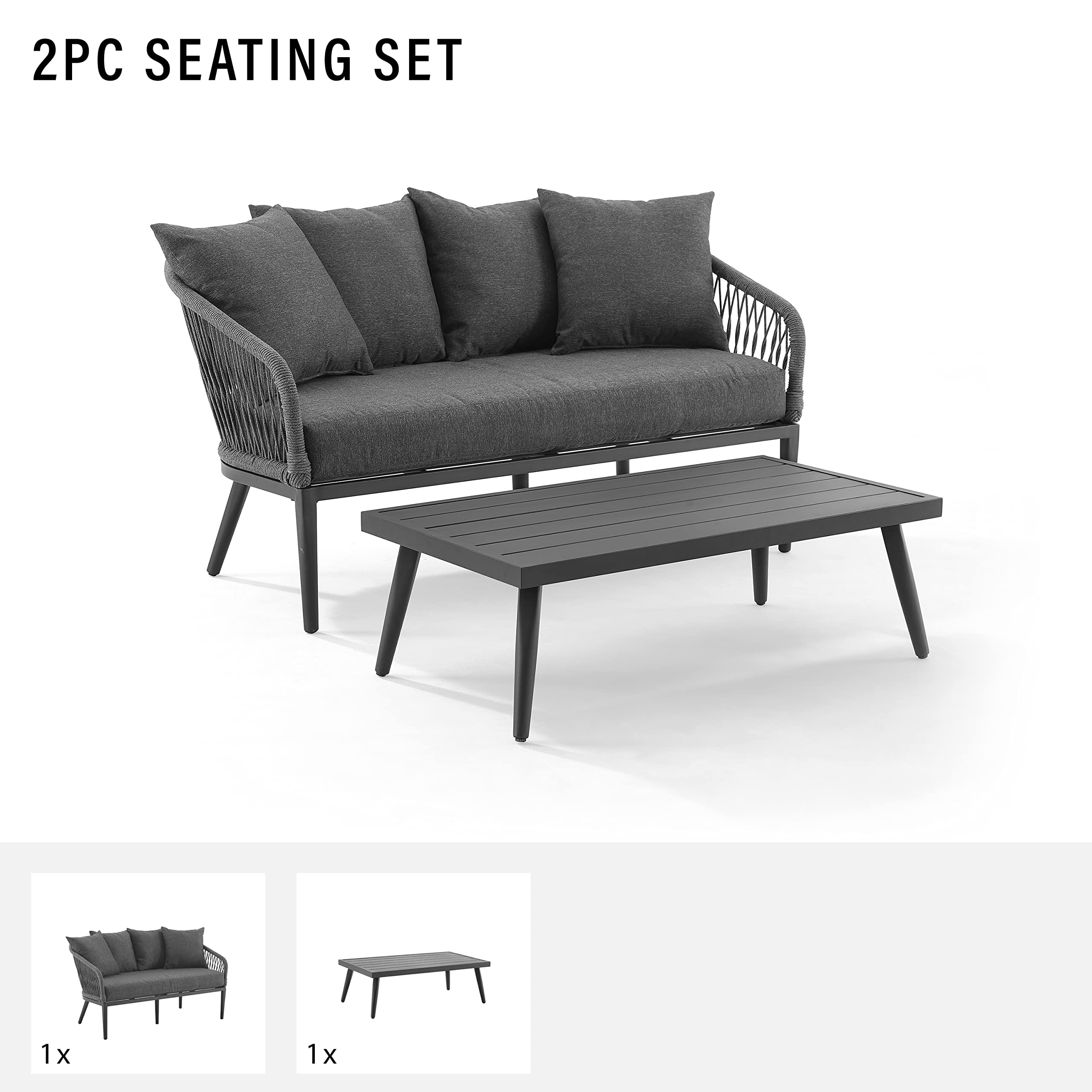 CO7330MB-CL Dover - Juego de 2 piezas de cuerda para exteriores (sofá biplaza, mesa de café), negro mate con cojines de carbón 9