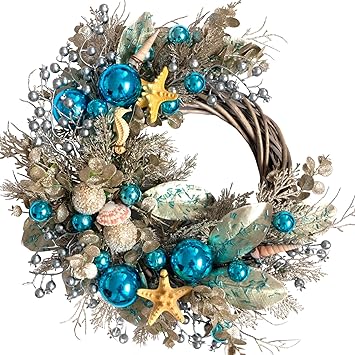 Egolot 24 Inch Summer Costal Sea Blue Balls Seashell Wreath for Front Door, Vine Waved Base Glitter Champion Seahorse Wreath