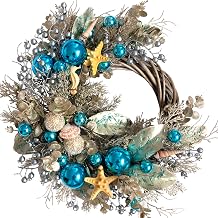24 Inch Summer Costal Sea Blue Balls Seashell Wreath for Front Door, Vine Waved Base Glitter Champion Seahorse Wreath for Indoor Outdoor, Rustic Farmhouse Sea Costal Home Decor