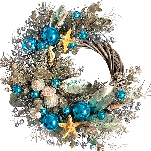 24 Inch Summer Costal Sea Blue Balls Seashell Wreath for