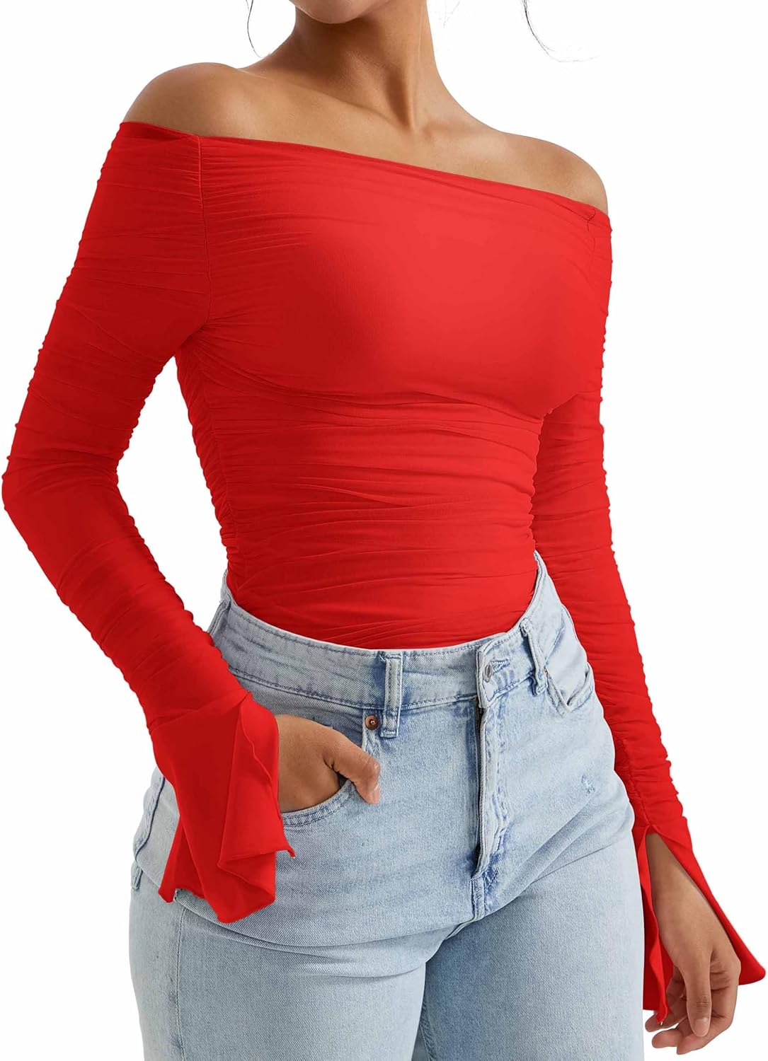 OMKAGI Women Long Sleeve Tops Boat Neck Off Shoulder Shirts Fitted Going Out Y2K Crop Top Flare Sleeve X-Small Red