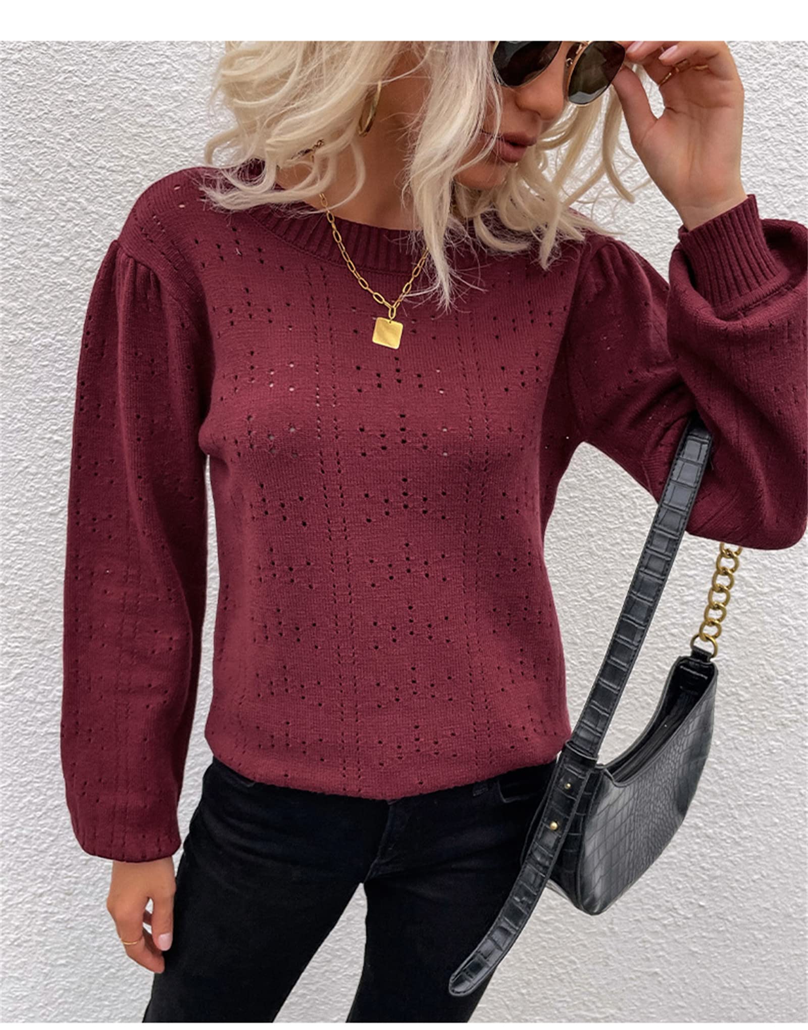 Damski sweter z okrągłym dekoltem sweter pusty dzianina codzienny długi rękaw miękki sweter z dzianiny płaszcz, Czerwony, XL