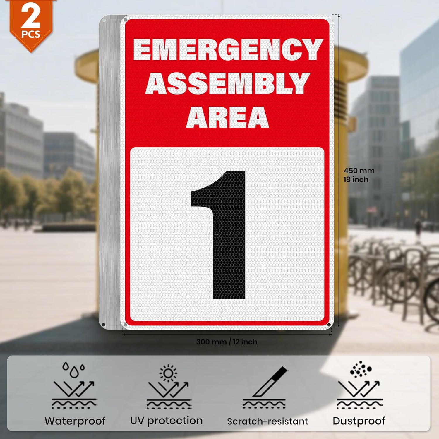 2 Pack Emergency Assembly Area 1 Sign 18 × 12 Inches Aluminum Reflective Safety Signage with Pre-Drilled Holes for Business Construction Site Warehouse
