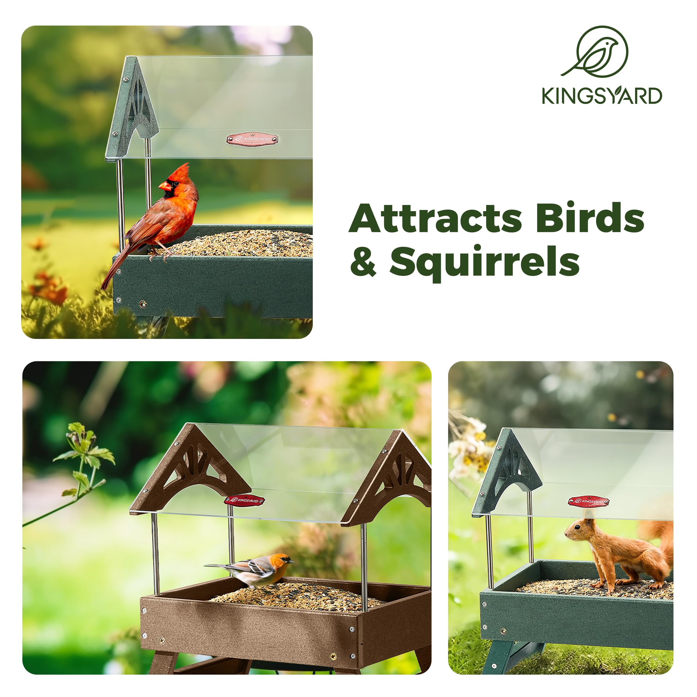 Kingsyard Comedero para pájaros molido para exteriores – Comedero de plataforma de plástico reciclado para pájaros silvestres, comederos para ardillas a prueba de lluvia, gran capacidad de 5 libras,