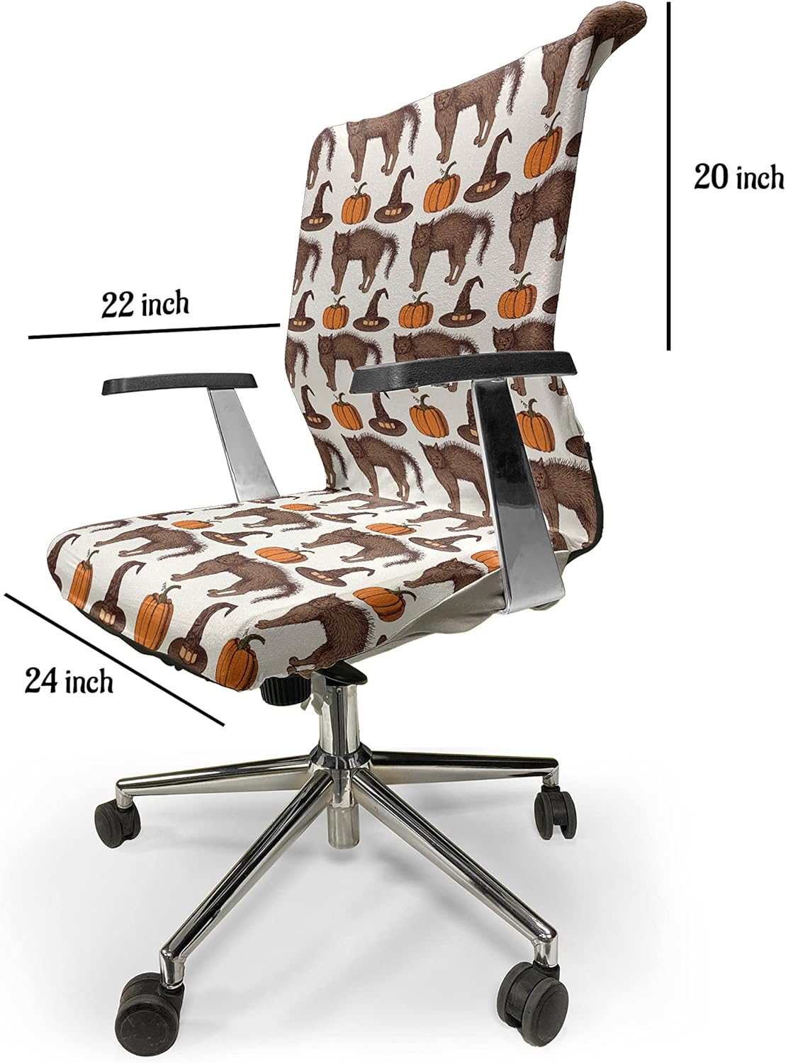 Ambesonne Halloween Office Chair Cover, Seasonal Vintage Pattern with Pumpkin Squash Witch Hats and Cat, Stretchable Decorative Universal Size High Back Printed Slipcover, Orange Brown
