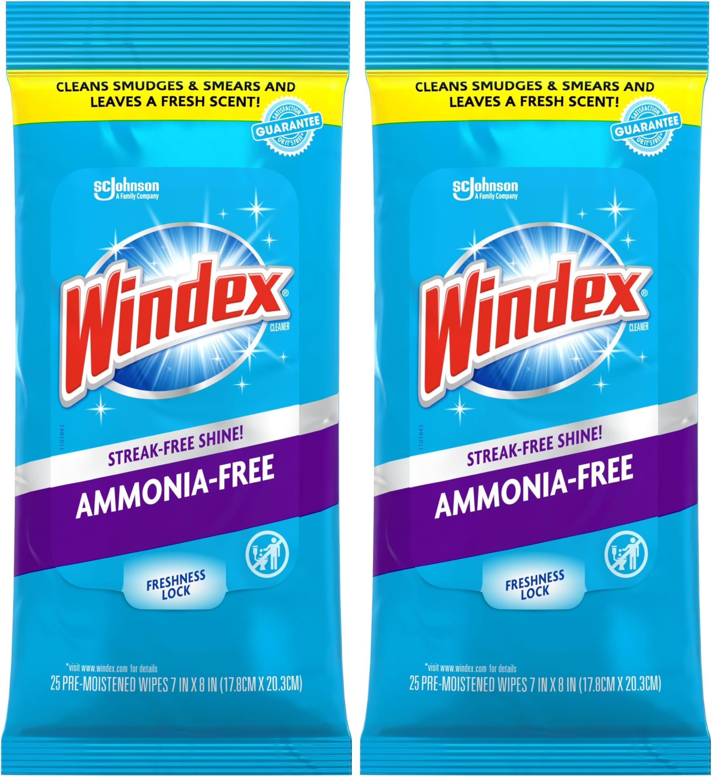 Windex Wipes Glass Cleaning Ammonia Free, Pre-Moistened Wipes for Cleaning All Glass Surfaces, Crystal Rain Fresh Scent, 25 Count (Pack of 2)