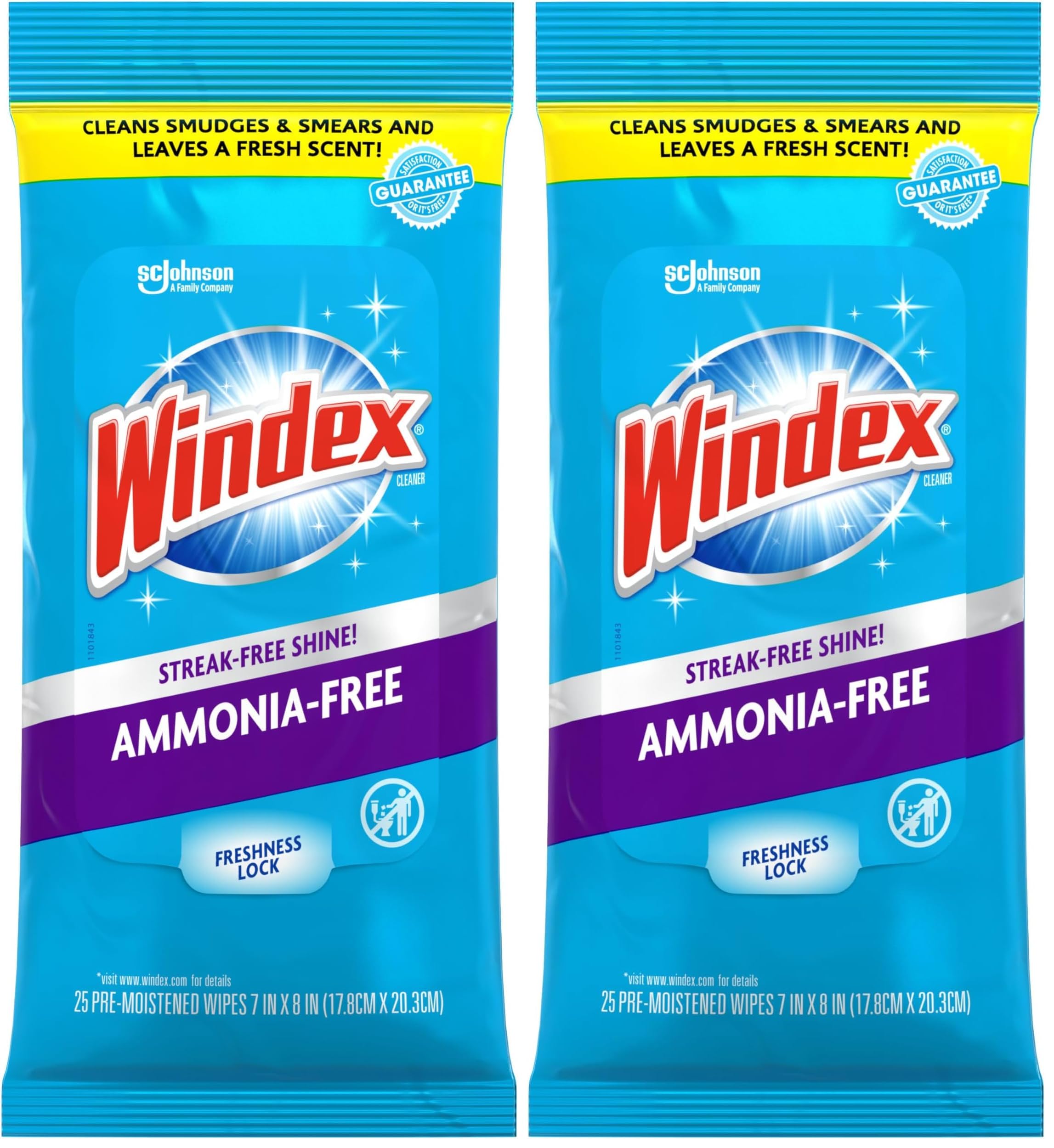 Windex Wipes Glass Cleaning Ammonia Free, Pre-Moistened Wipes for Cleaning All Glass Surfaces, Crystal Rain Fresh Scent, 25 Count (Pack of 2)