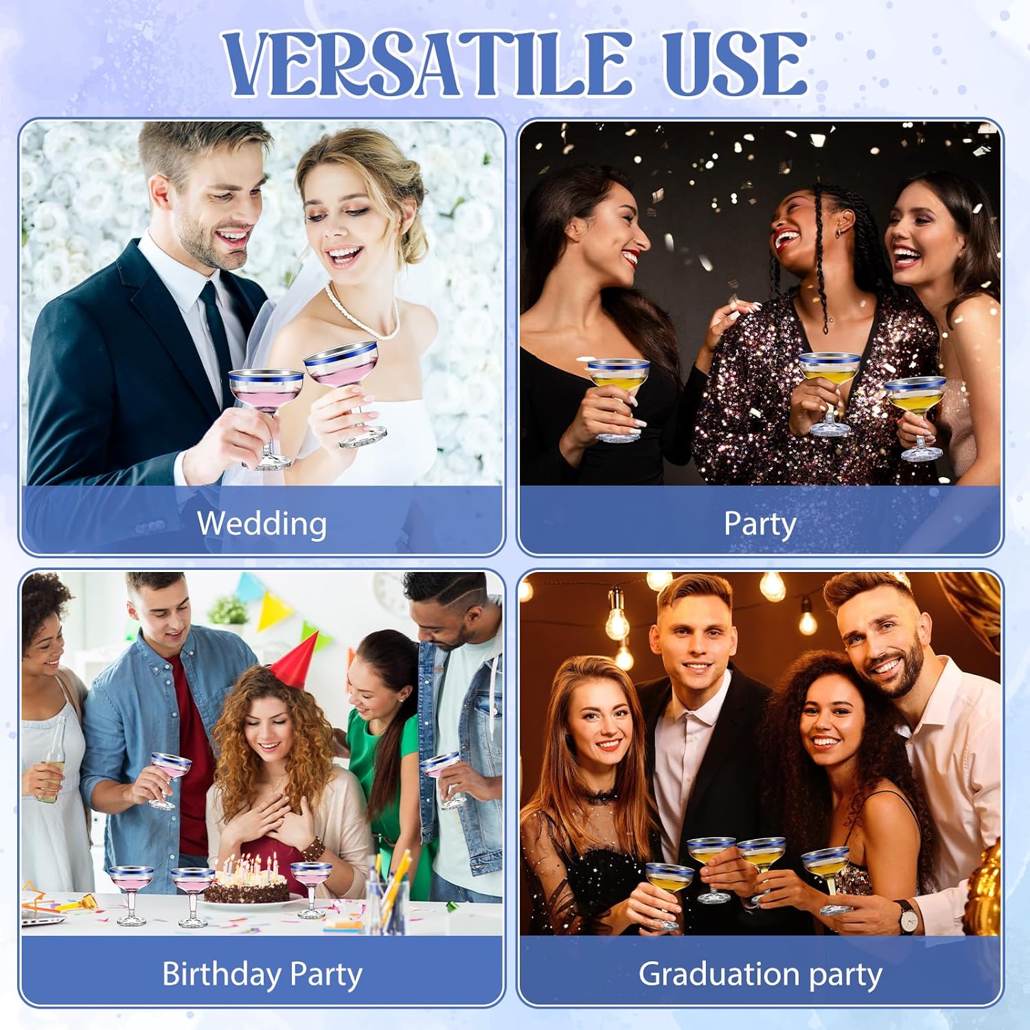 Zopeal 50 Pcs Plastic Champagne Glasses 5 oz Plastic Coupe Disposable Cocktail Cup for Wedding Party Birthday Anniversary Stackable Reusable Martini Glasses (Blue Rim,Clear) - Image 7