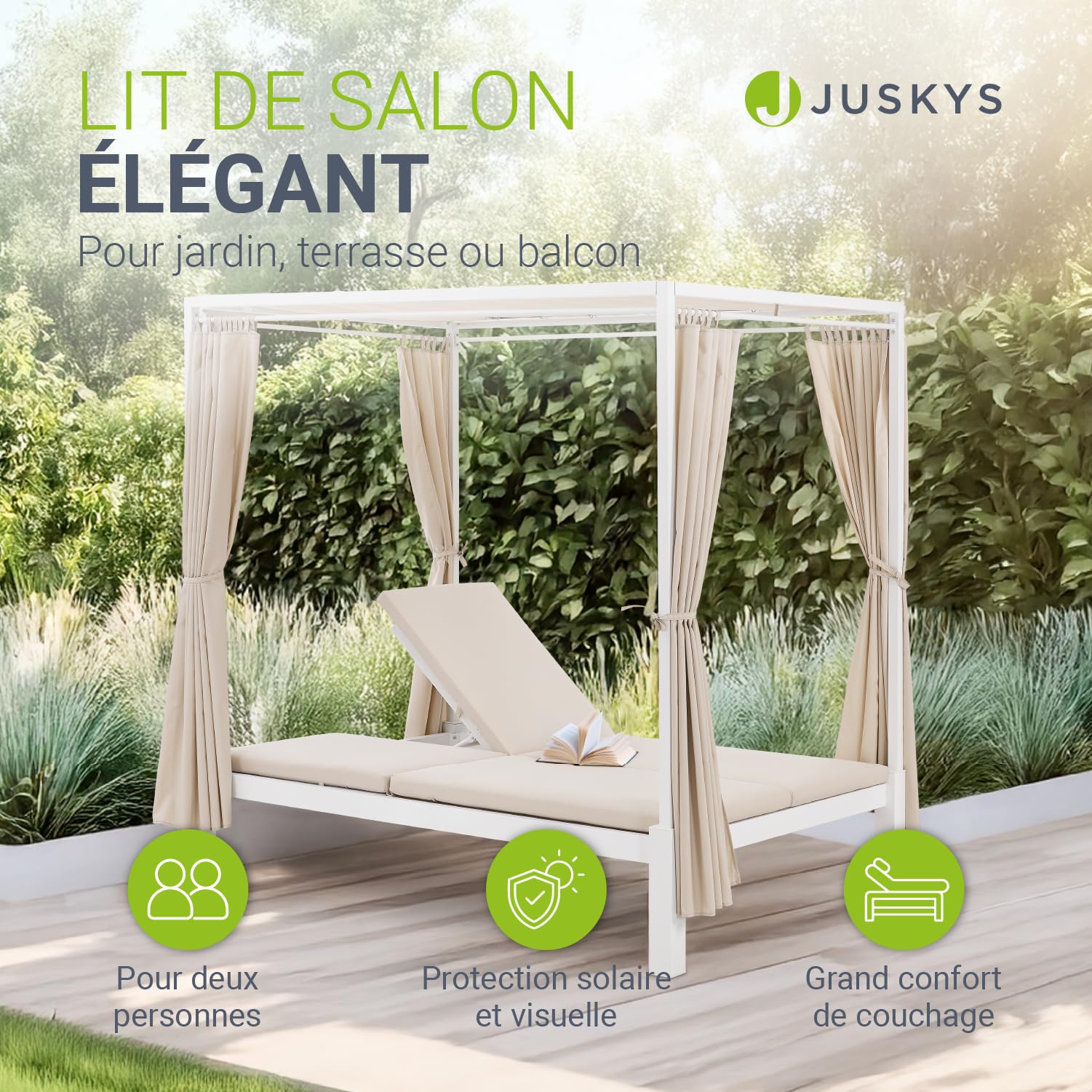 Juskys Kreta Lit de jardin double pour 2 personnes - Toit et dossier réglables - Chaise longue pour terrasse, jardin et balcon - Blanc