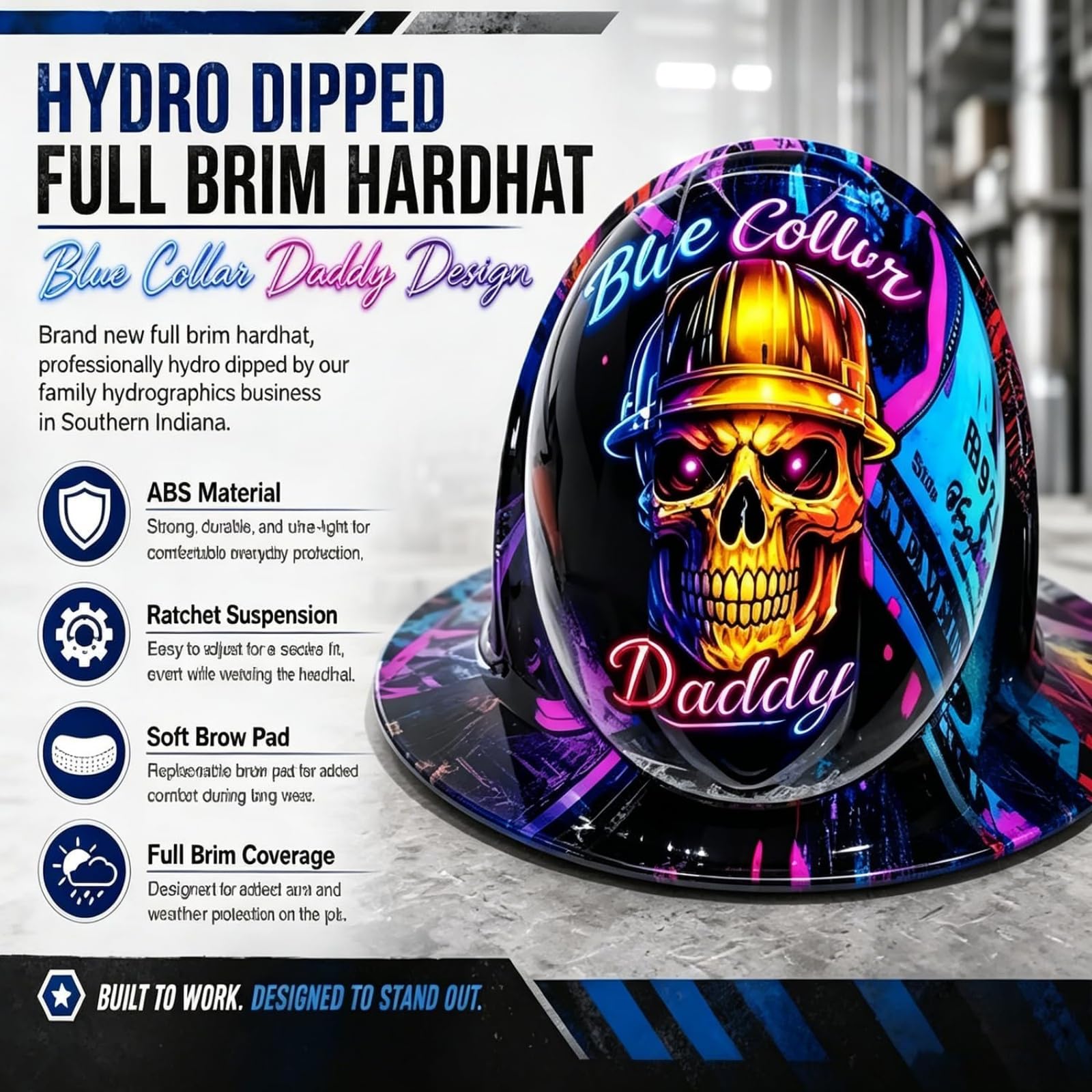 Casco da cantiere "Blue Collar Daddy" con stampa idrografica, casco da cantiere divertente, casco di sicurezza rigido con grafica a teschio, equipaggiamento da lavoro resistente agli urti