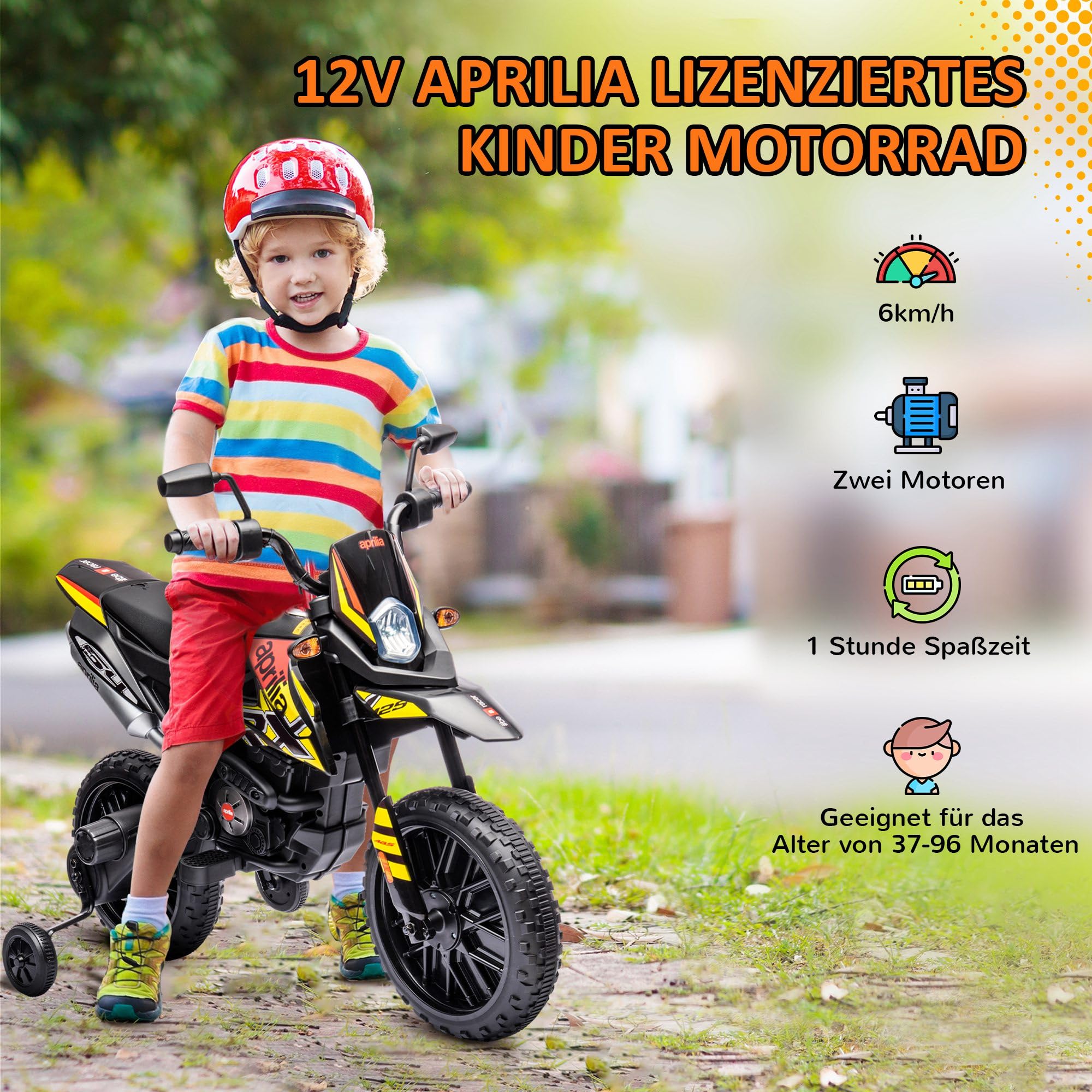 AIYAPLAY Elektro Kindermotorrad Aprilia Elektromotorrad mit USB, Stützrädern, Musik, Scheinwerfer, Kinder 6 km/h Elektro Motorrad mit 2 Stützrädern für Kinder von 3-8 Jahren Gelb