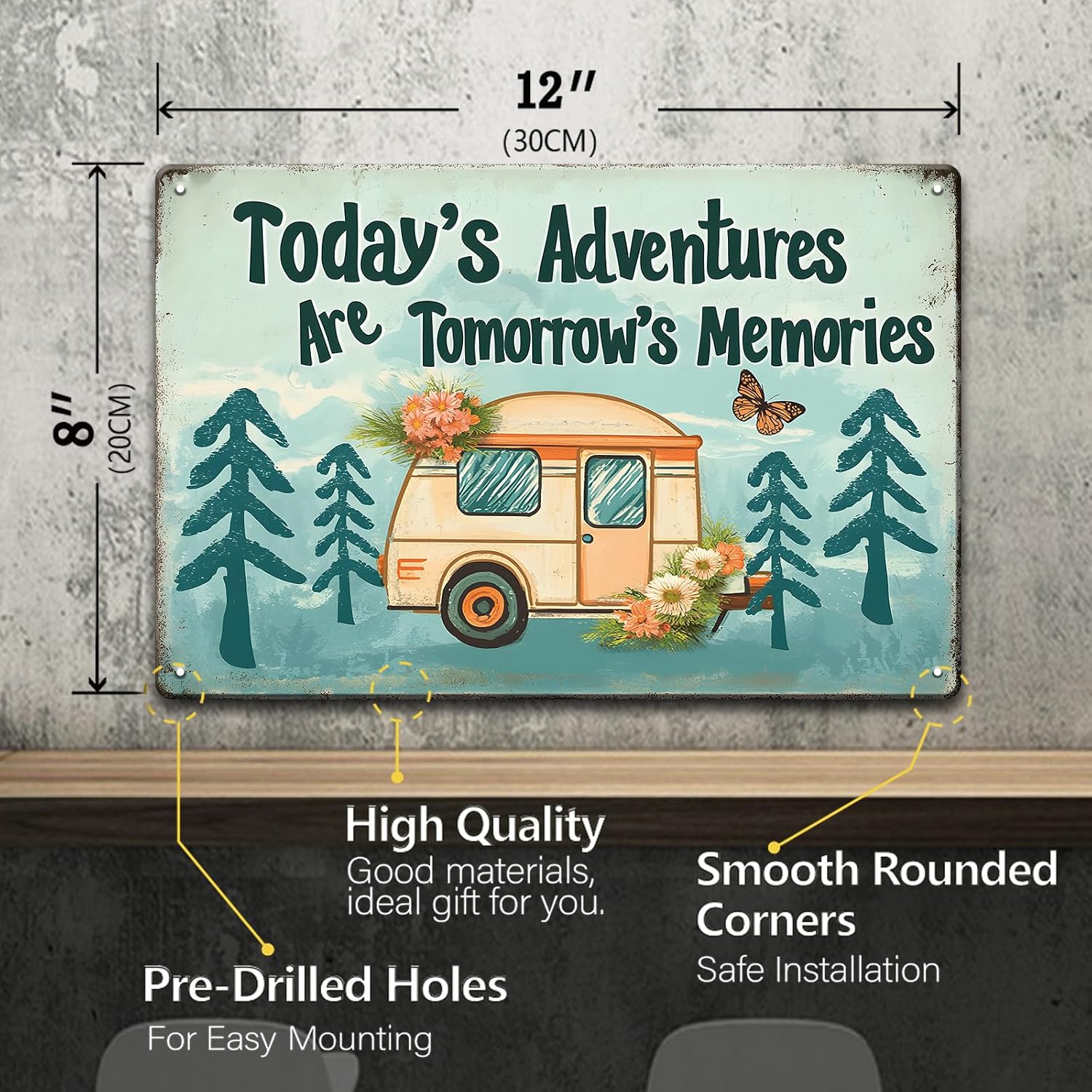 Letnspk Vintage Camping Decor Sign - Today's Adventures Are Tomorrow's Memories Sign, Metal Tin Signs for Camper, Campsite, RV Wall Art Decor Accessories, Camping Gifts for Men Women, 12 x 8 inch