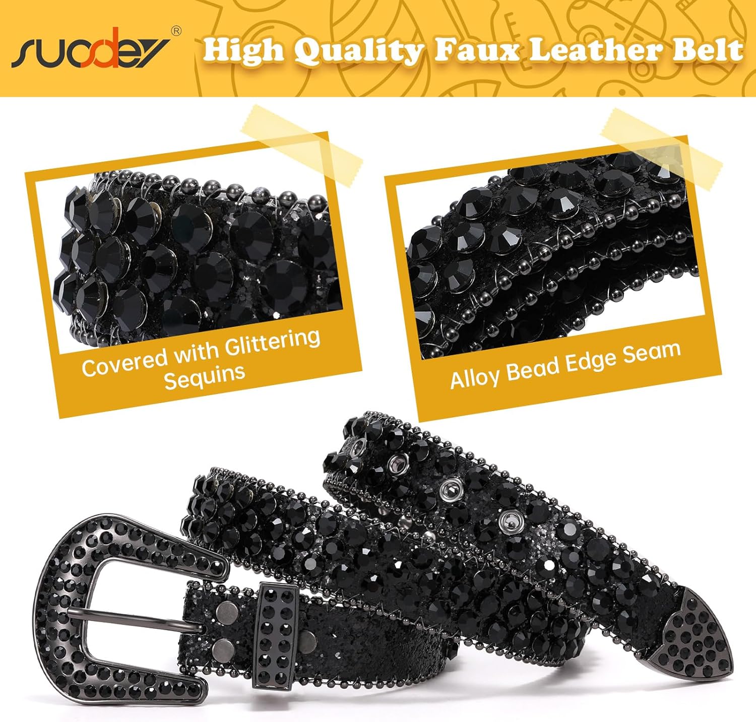 SUOSDEY Kids Rhinestone Western Belt for Girls Boys, Cowboy Cowgirl Diamond Studded Bling Leather Belt - Image 2