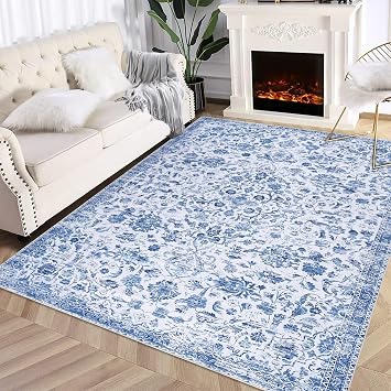 GlowSol Vintage Rug 9x12 Large Area Rug Floral Area Rug Solid Accent Area Rug Non Slip Non Shedding Indoor Throw Carpet Rug Ultra-Thin Indoor Floor Cover for Living Room Bedroom Kids Room, Navy