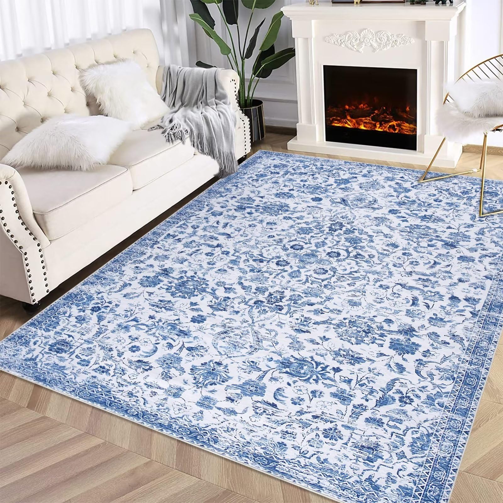 GlowSolVintage Rug 9x12 Large Area Rug Floral Area Rug Solid Accent Area Rug Non Slip Non Shedding Indoor Throw Carpet Rug Ultra-Thin Indoor Floor Cover for Living Room Bedroom Kids Room, Navy