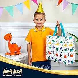Nush Nush Dinosaur Gift Bags Large - Set of 12 Dinosaur Party Bag With Handles, Large Gift Bags for Kids - Ideal Goodie Bag For Kids Birthday Party Favors, Dino Themed Parties, Boys - 13x5x11