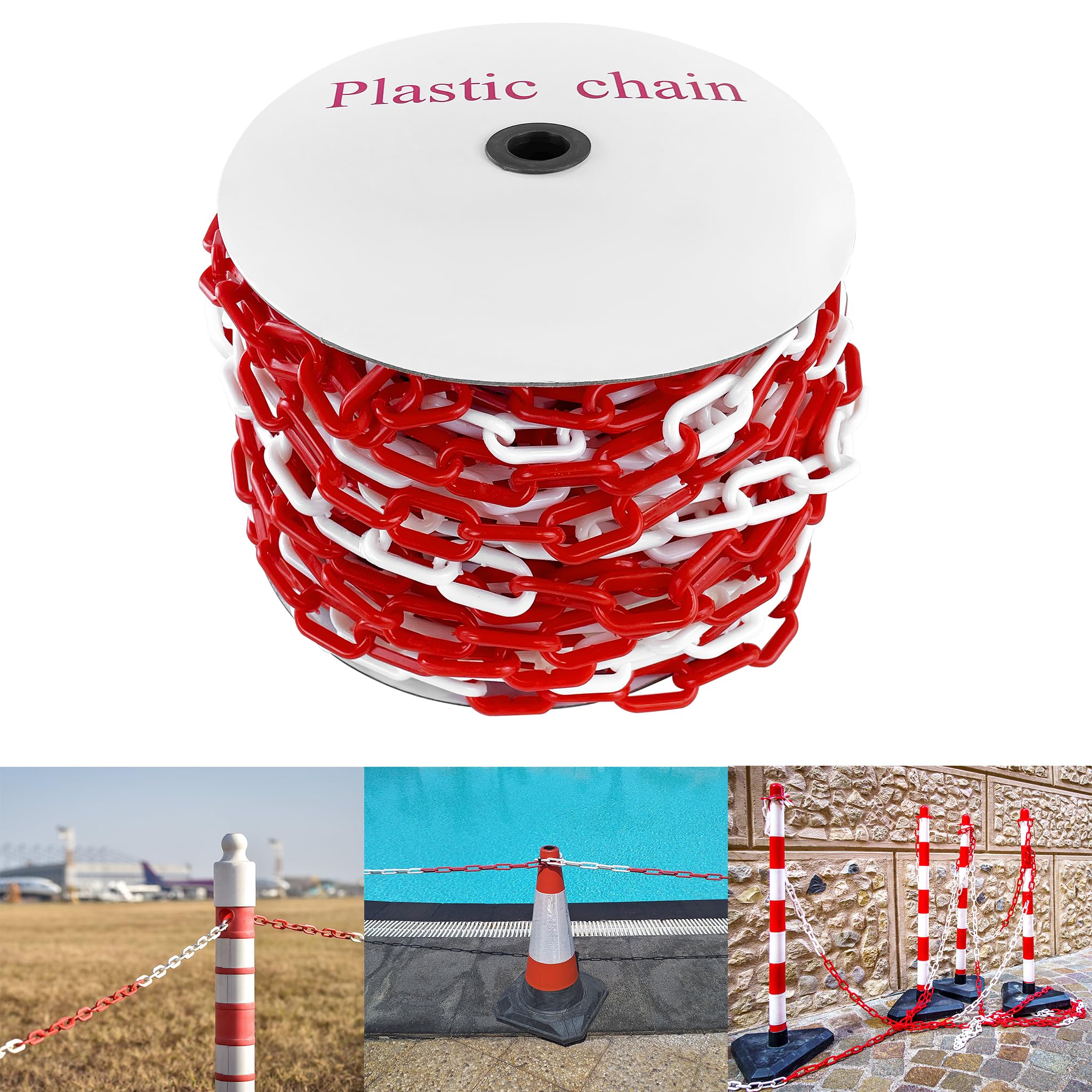 YRHome Chaîne en plastique rouge et blanc 50 m - Chaîne de signalisation en métal - 6 mm d'épaisseur - Chaîne en acier rond - Chaîne de sécurité pour chantier