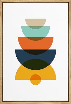 bestdeal depot Framed Canvas Print Wall Art Gray, Teal, Red, Blue & Yellow Semi Circles Abstract Shapes Illustrations Modern Art Chic Colorful Ultra for Living Room, Bedroom, Office - 16"x24" NATURAL