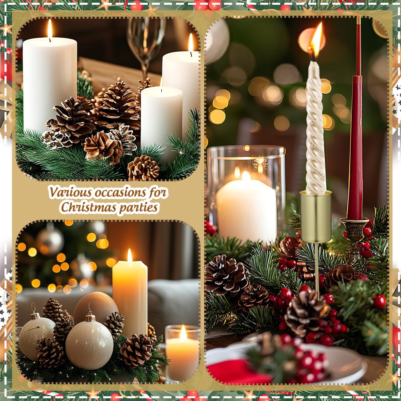 DOITOOL 5 Pcs Golden Candle Holder Christmas Candle Holder Stakes with Spike Cup Insert for Xmas Party Christmas Table and Tree Decorations
