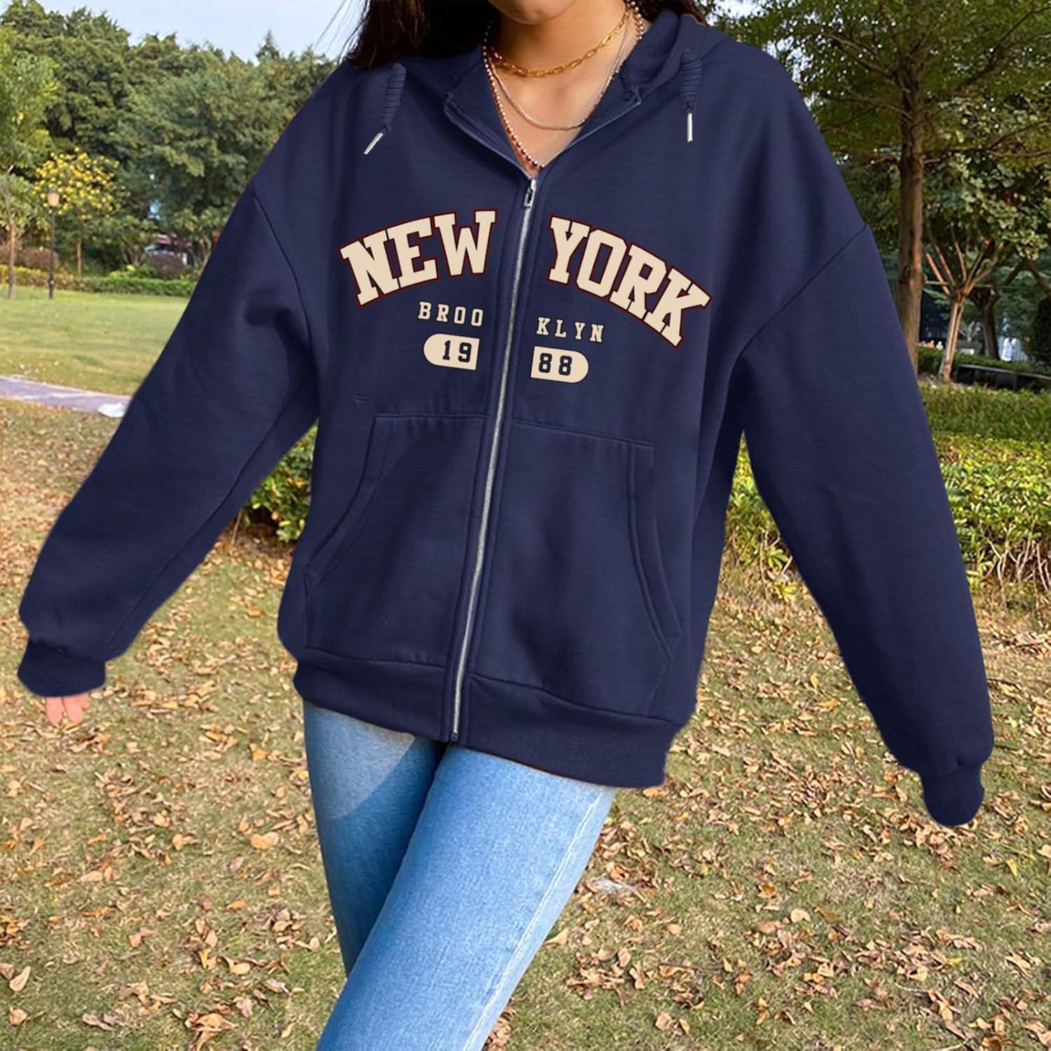 New York Graphic Zip Up Hoodies for Women Full Zip Hoodie Letter Jackets College Zipper Sweatshirts with Pockets - Image 5