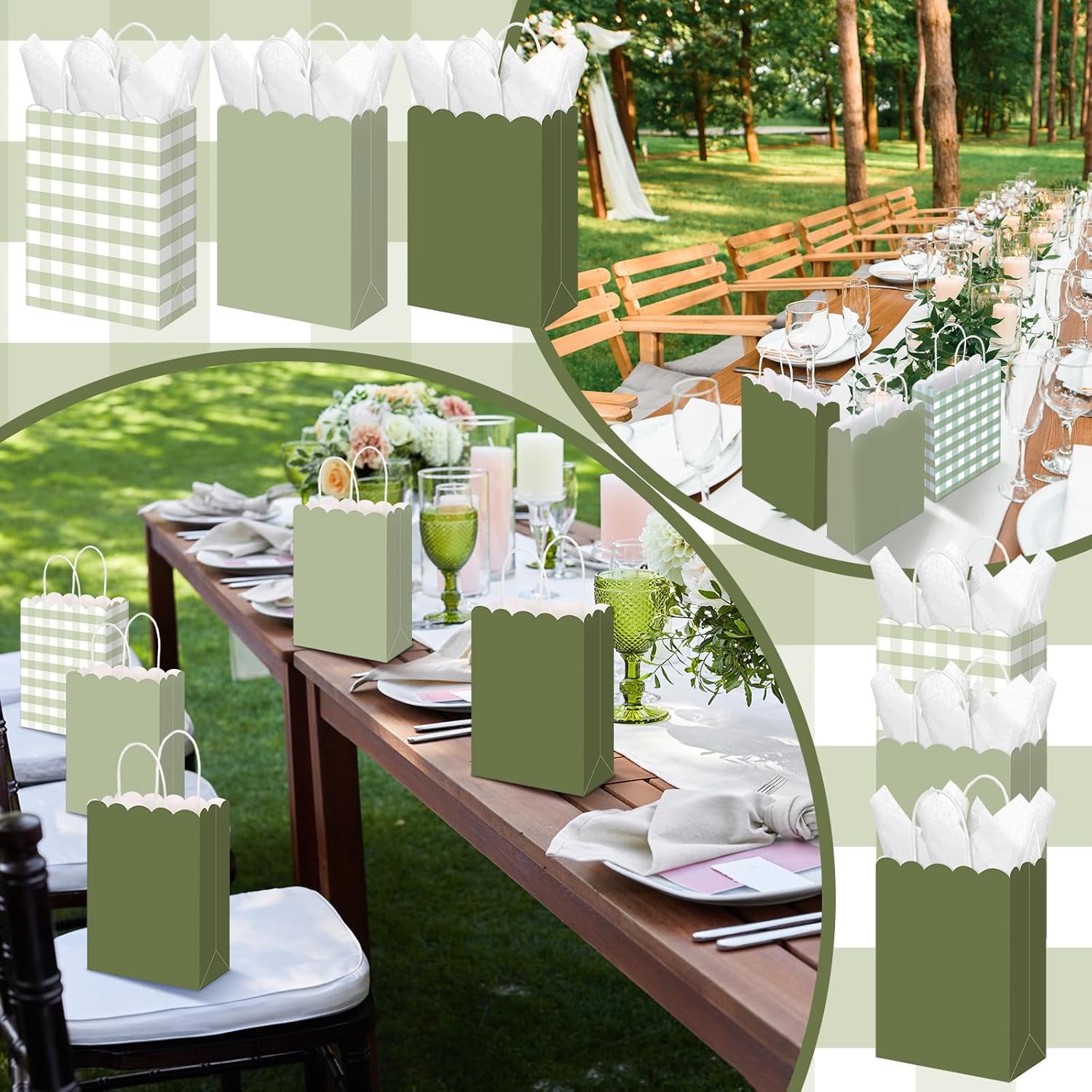 Kolldenn 24 Pcs Sage Green Gingham Party Supplies Gift Bags with Handles Scallop Kraft Paper Treat Candy Goodie Party Favor Bags for Baby Shower Birthday Wedding Decor(Sage Green)