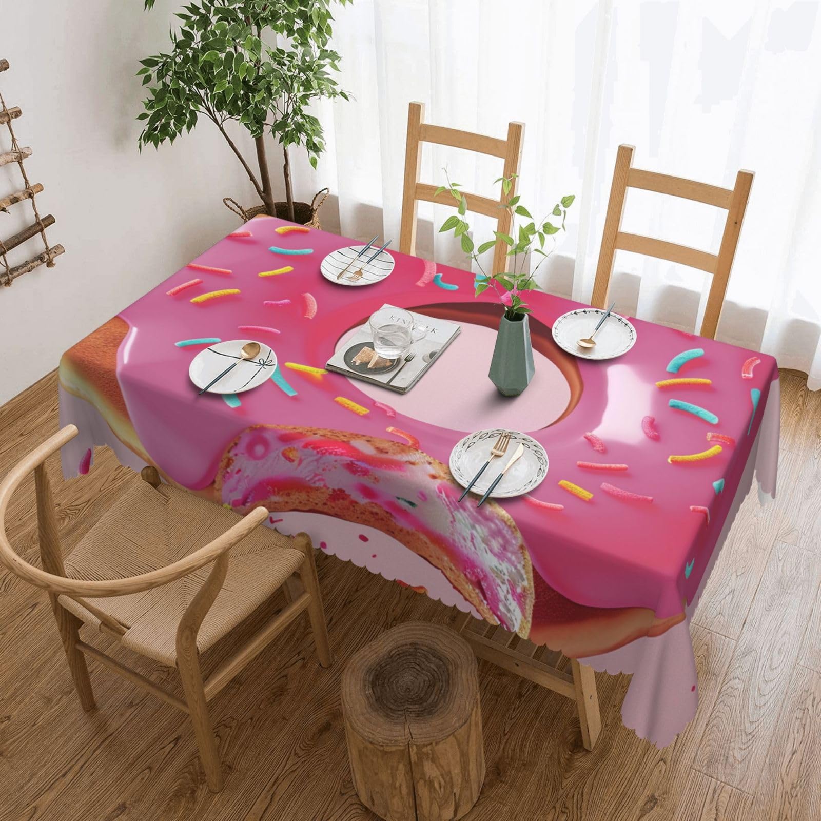 WPKJU Donut Printed Rectangle Tablecloth 72x54 Inch with Lace Trim, Water-Resistant Washable Table Cover for Farmhouse Weddings, Outdoor Picnics & Holiday Dining
