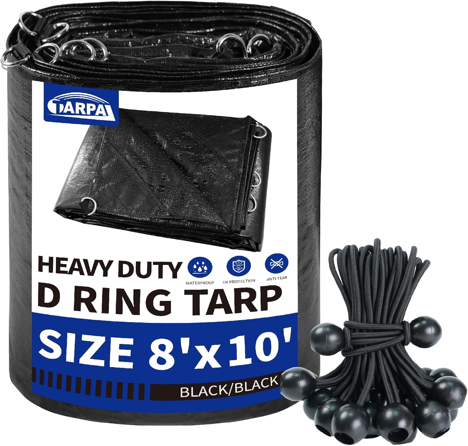 TARPAL Tarp 8x10 ft Heavy Duty Tarps 14mil D-Ring Waterproof tarp with Ball Bungee Cord (25 Pack) UV Resistant Triangular Design Reinforced Corners and Edges（Black）