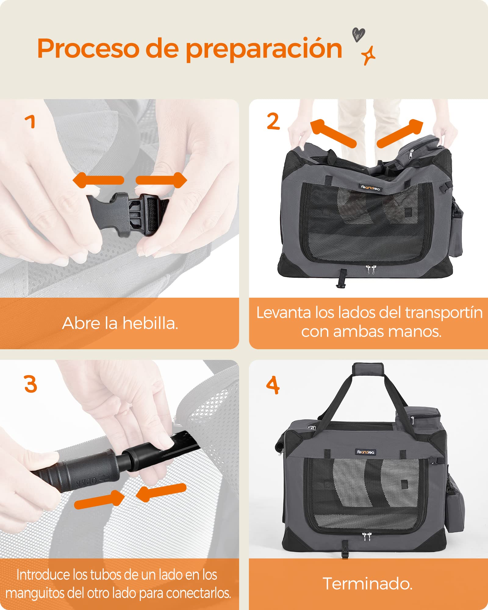 FEANDREA Transportín para Gatos y Perros, Plegable, Tamaño M, Tela Oxford, Malla Transpirable, Portátil, Marco Metálico, con Asas y Bolsillos, 60 x 42 x 42 cm, Gris PDC60GY