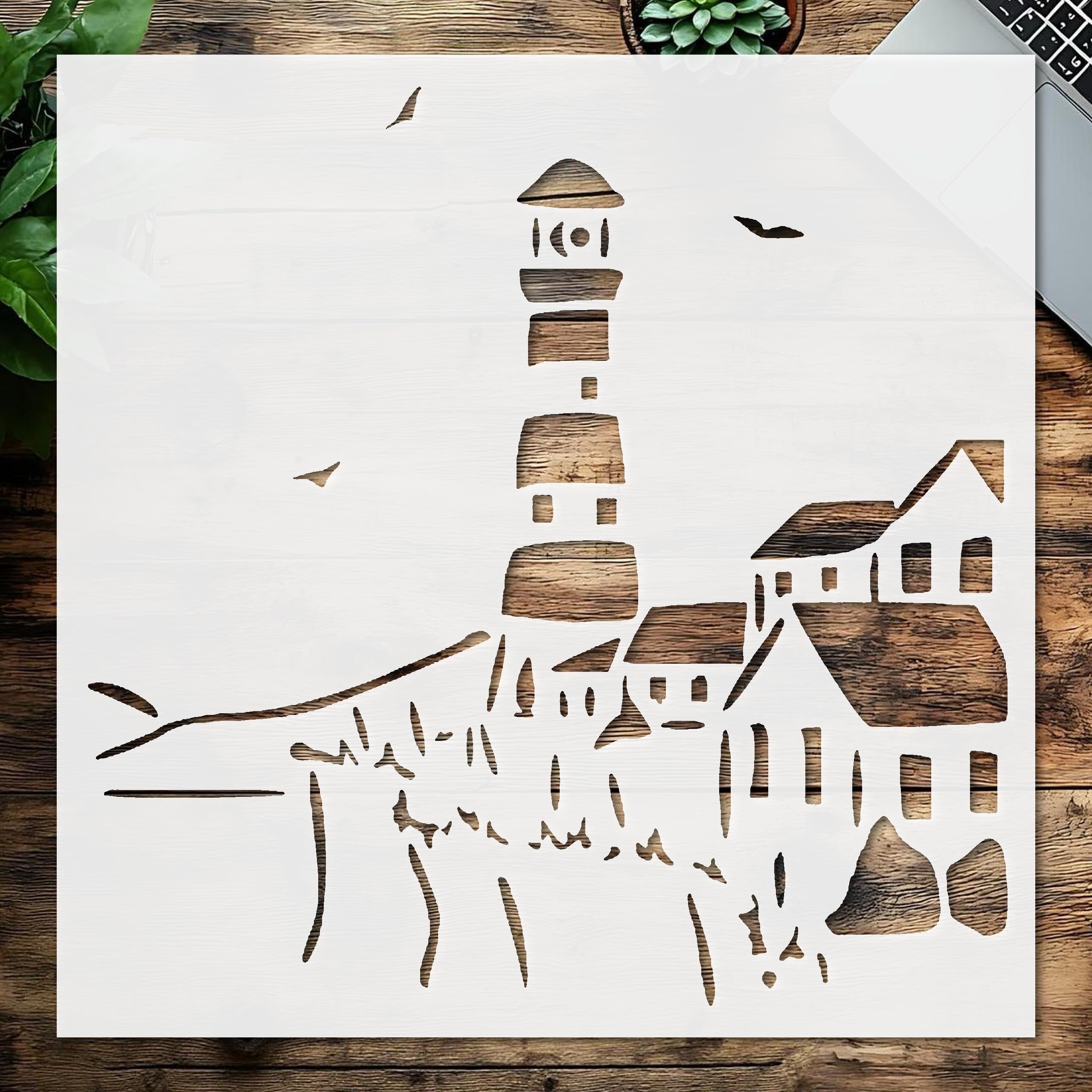 Stencil City Lighthouse Seagulls, Plastic Reusable, Reusable Plastic, 8 inchL x 8 inchW, for DIY Crafts and Home Decor
