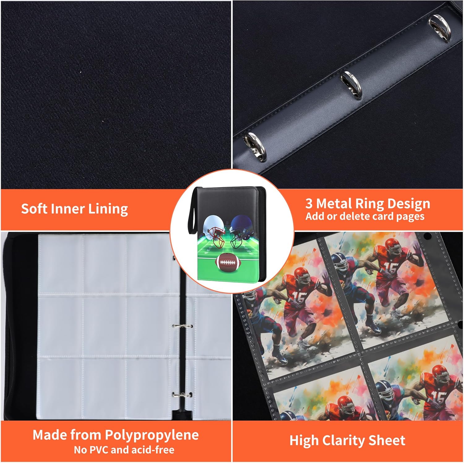 Football Card Binder 9 Pocket - Holds Up to 900 Cards, Zippered Binder with Carry Handle for Football Cards Collectors