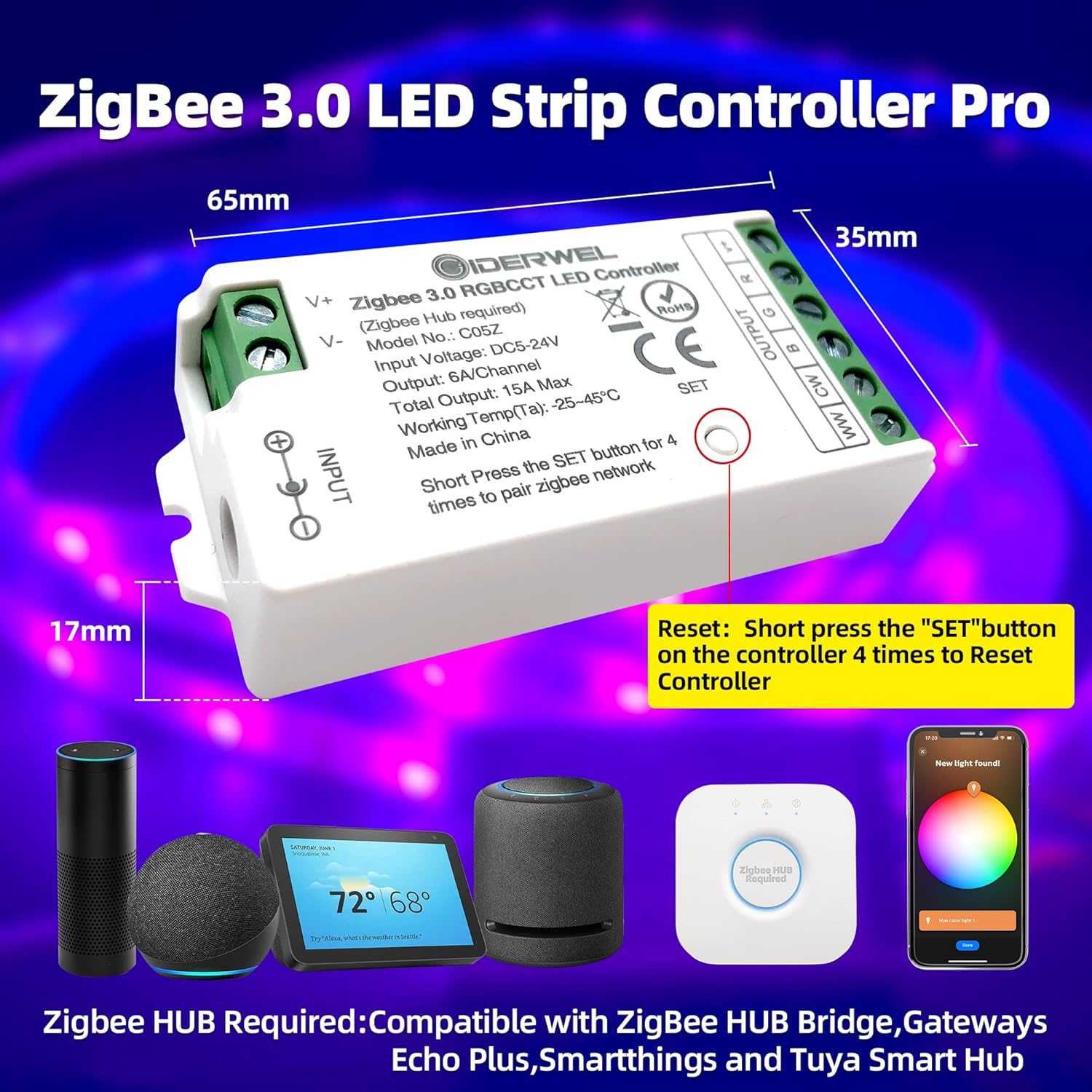 GIDERWEL Smart Zigbee 3.0 LED Controller RGBWW Work with ZigBee Hub Bridge,Echo Plus,Tuya Smart Hub for APP/Voice Control RGBCCT RGBW LED Strip Dimming and Color Changing(only Zigbee Controller)