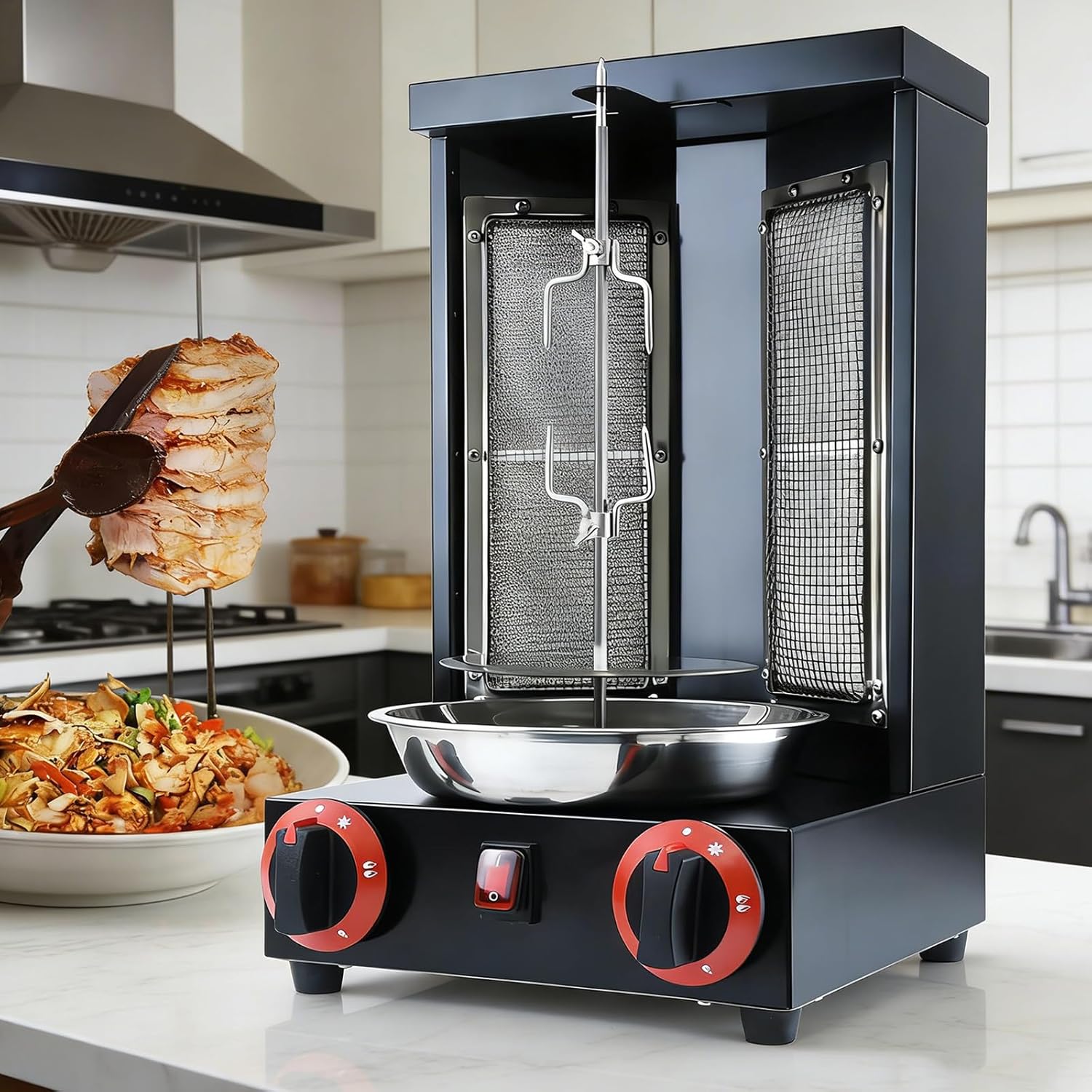 Electric Countertop Vertical Kebab Grill, Stainless Steel Gyro Rotisserie Oven with Heating Tubes, Rotating Shawarma Machine for Commercial and Home Kitchen Use
