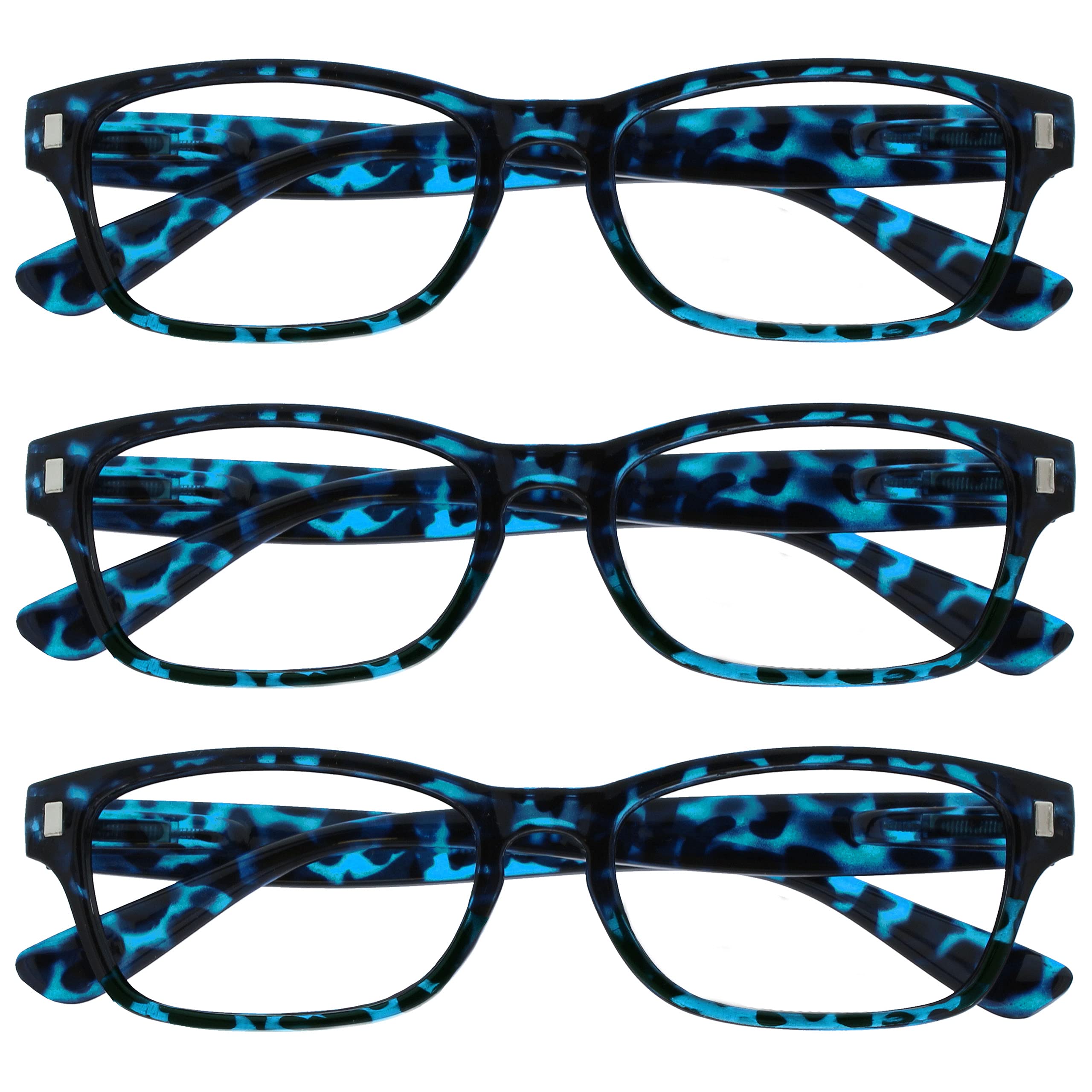 OPULIZE NIX Reading Glasses for Women Men - 3 Pack - Vintage Rectangular Designer Frame - Comfort Spring Hinges - Scratch Resistant - Blue Tortoiseshell UVR +2.00