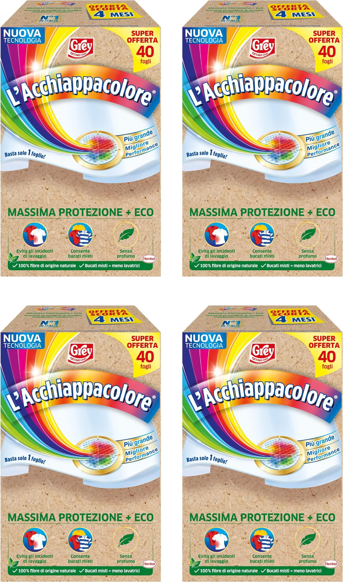 Grey L'Acchiappacolore Azione Completa+ ECO, Fogli Cattura Colore Lavatrice Evita Incidenti Lavaggio, Foglietti Acchiappacolore e Anti-Sporco, 4 Confezioni da 40 Fogli