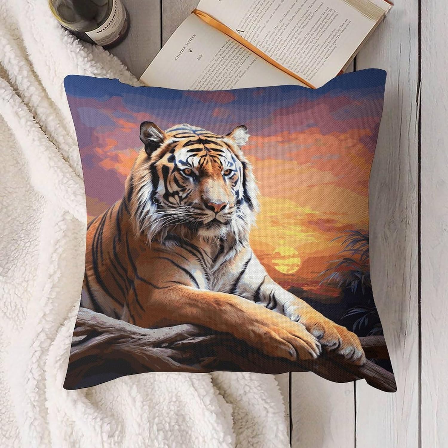 Tiger Colorful Sunset Pillow Protectors Cute Waterproof Pillow Cover Soft Skin-Friendly Cushion Case Decorative Square Cushion Cover for Couch Sofa Bed Living Room Bedroom