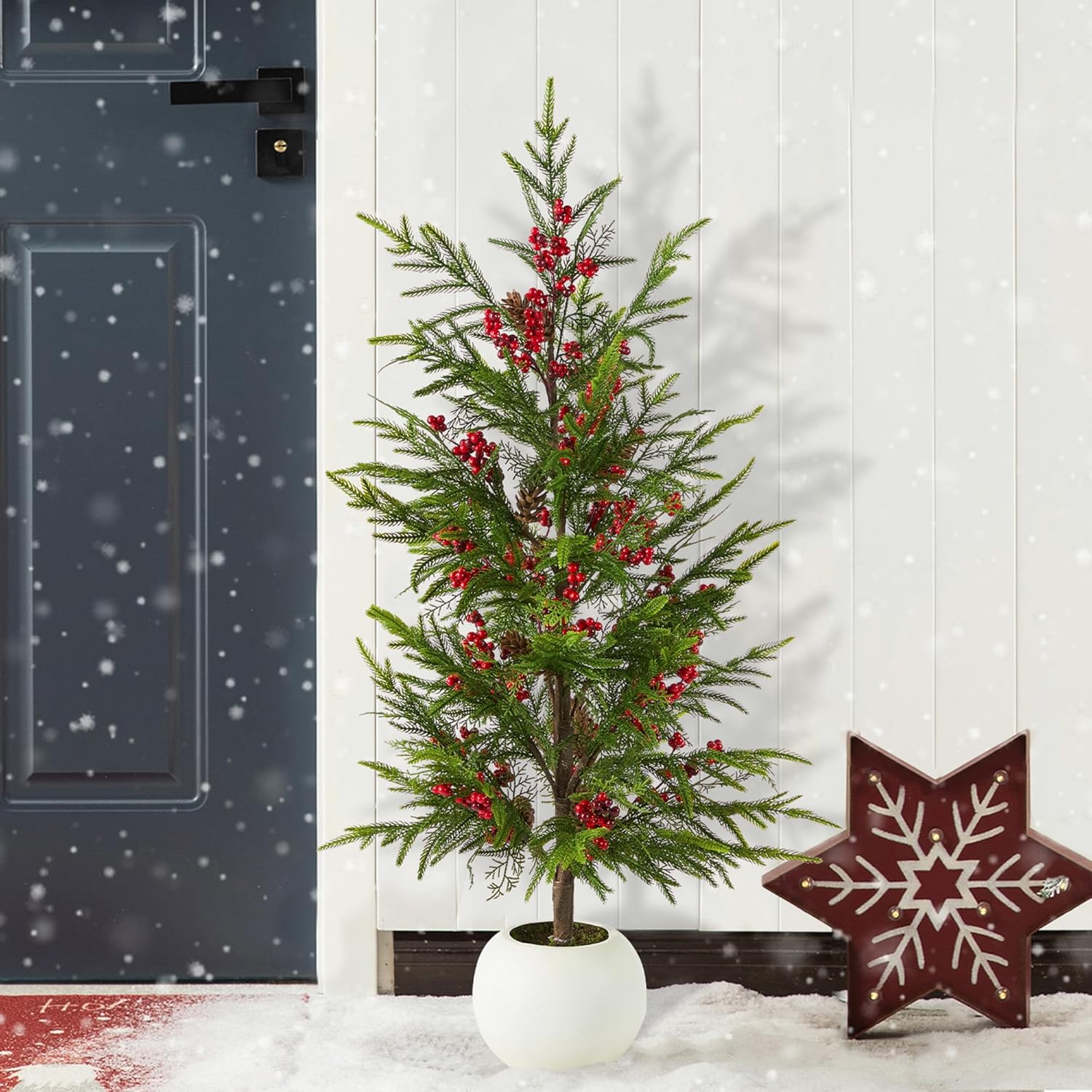 Glitzhome 37.5" H Artificial Christmas Tree, Greenery Potted Xmas Tree PE Dripping Pine Porch Tree with Pinecones and Red Berries, Ideal for Outdoor Indoor Home Holiday Decor