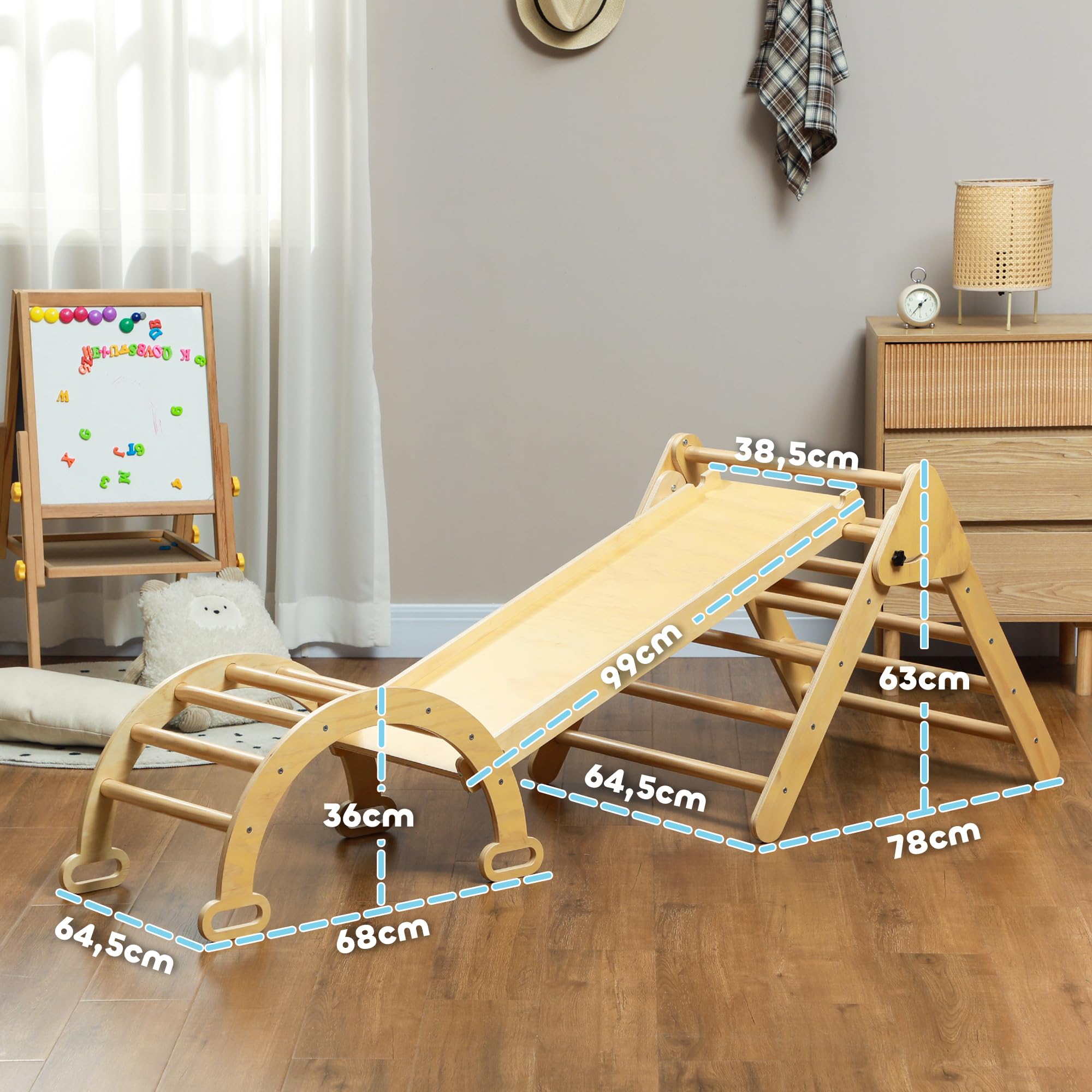 AIYAPLAY 5 en 1 Triángulo de Escalada Montessori con Arco y Rampa, Escalada para Niños de Madera Plegable, para 18-48 Meses, para Deslizarse o Escalar, 178x64,5 cm, Madera Natural