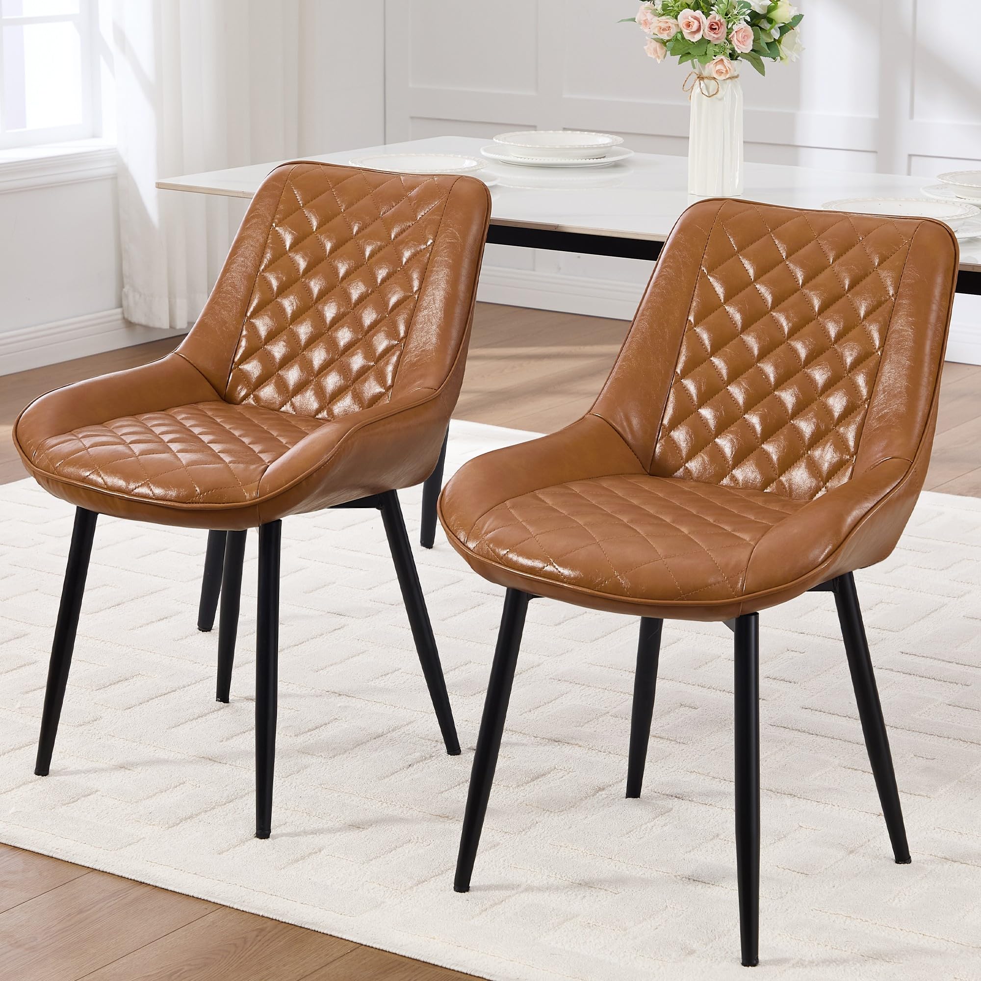 YUUIJOAA Dining Chair Set of 2, Thickened Cushion Kitchen Chairs, Faux Leather Upholstered Kitchen Dining Room Chairs with Metal Adjustable Legs for Dining Living Room, Brown