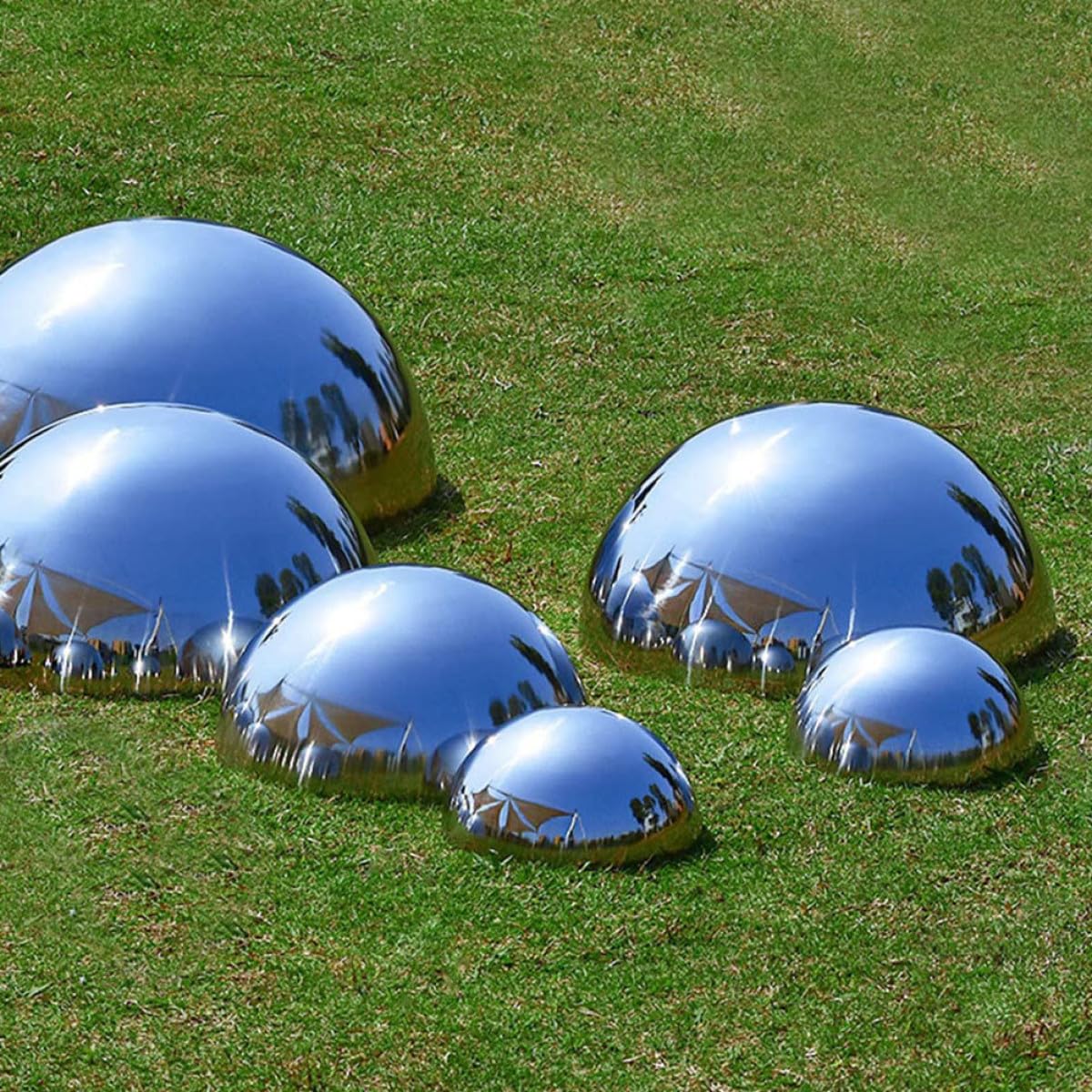 INOOMP Set 5 Sfere a Mezza Sfera in Acciaio Lucidato per Decorazioni Riflettenti da Giardino, Dimensioni Multiple per Uso Esterno Estivo