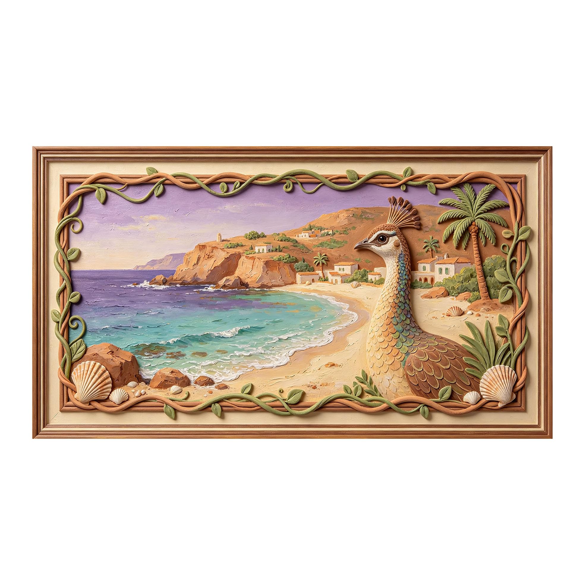 Yzpallescene 3D 3D Framed Wall Art 50cm×90cm Mediterranean Coastal Beach Landscape Oil Painting Large Size SelfAdhesive Removable Wall Decor Prints Artwork for Living Room Bedroom Office