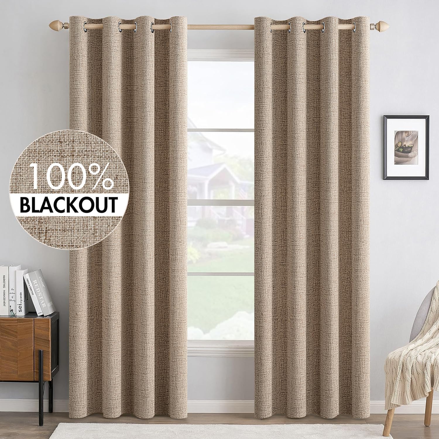 miulee 100% blackout linen textured curtains for bedroom solid thermal insulated copper brown grommet room darkening curtains & drapes luxury decor for living room nursery 52 x 84 inch (2 panels)