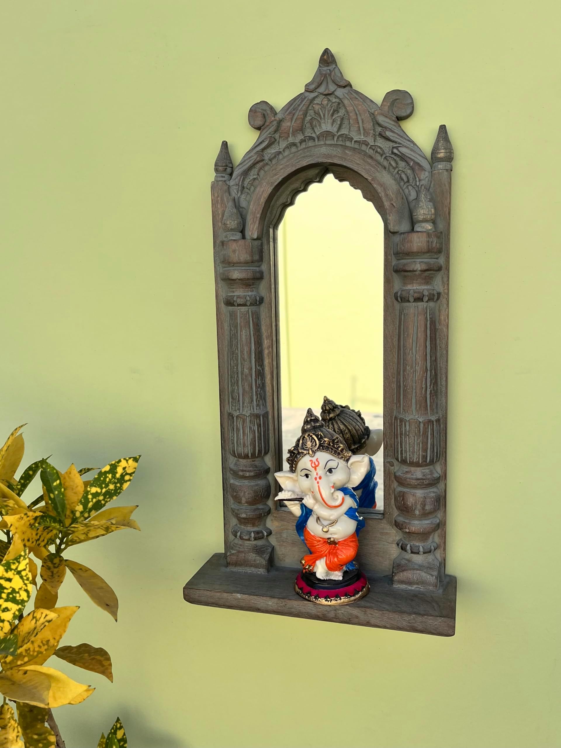 - Countryside Wooden Rectangular Wall Hanging Jharokha Wall Mount Framed Mirror for Living Room, Bedroom, Home Decor (45x25x8 cms)