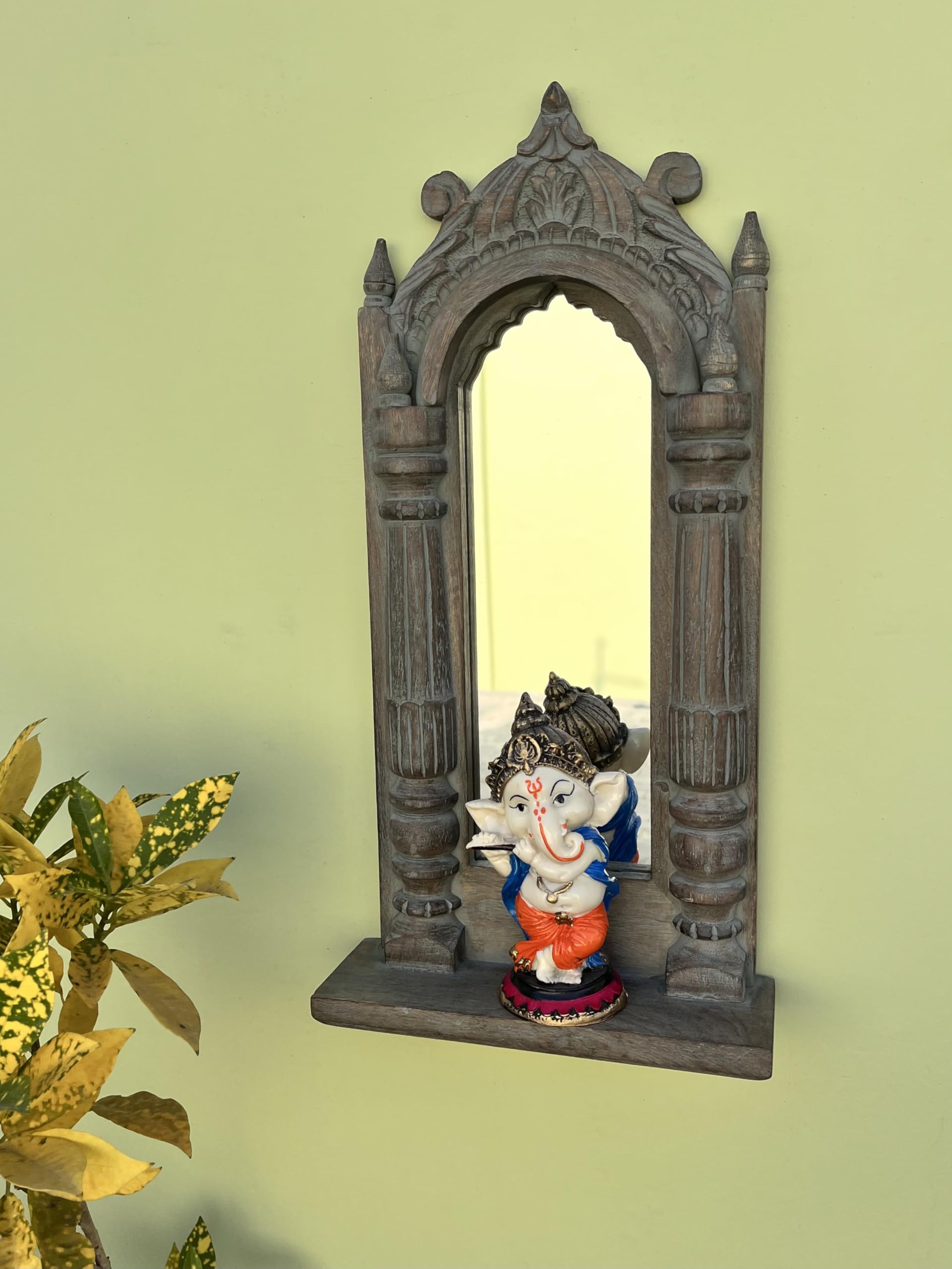 Countryside Wooden Rectangular Wall Hanging Jharokha Wall Mount Framed Mirror for Living Room, Bedroom, Home Decor (45x25x8 cms)