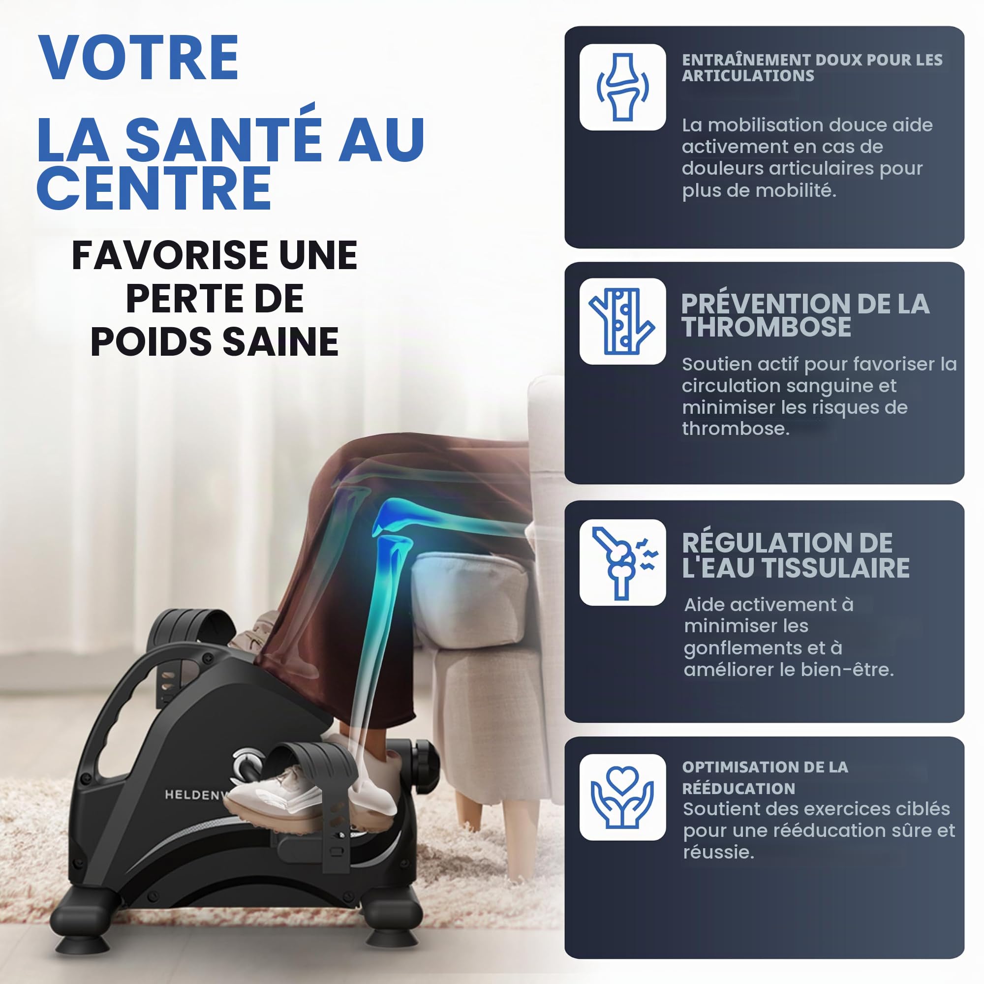 HELDENWERK Kit d'entraînement au pédalier - Certifié TÜV/GS avec sangle de fixation et tapis antidérapant - Entraîneur des bras et des jambes pour la maison - Pédalier d'entraînement pour seniors