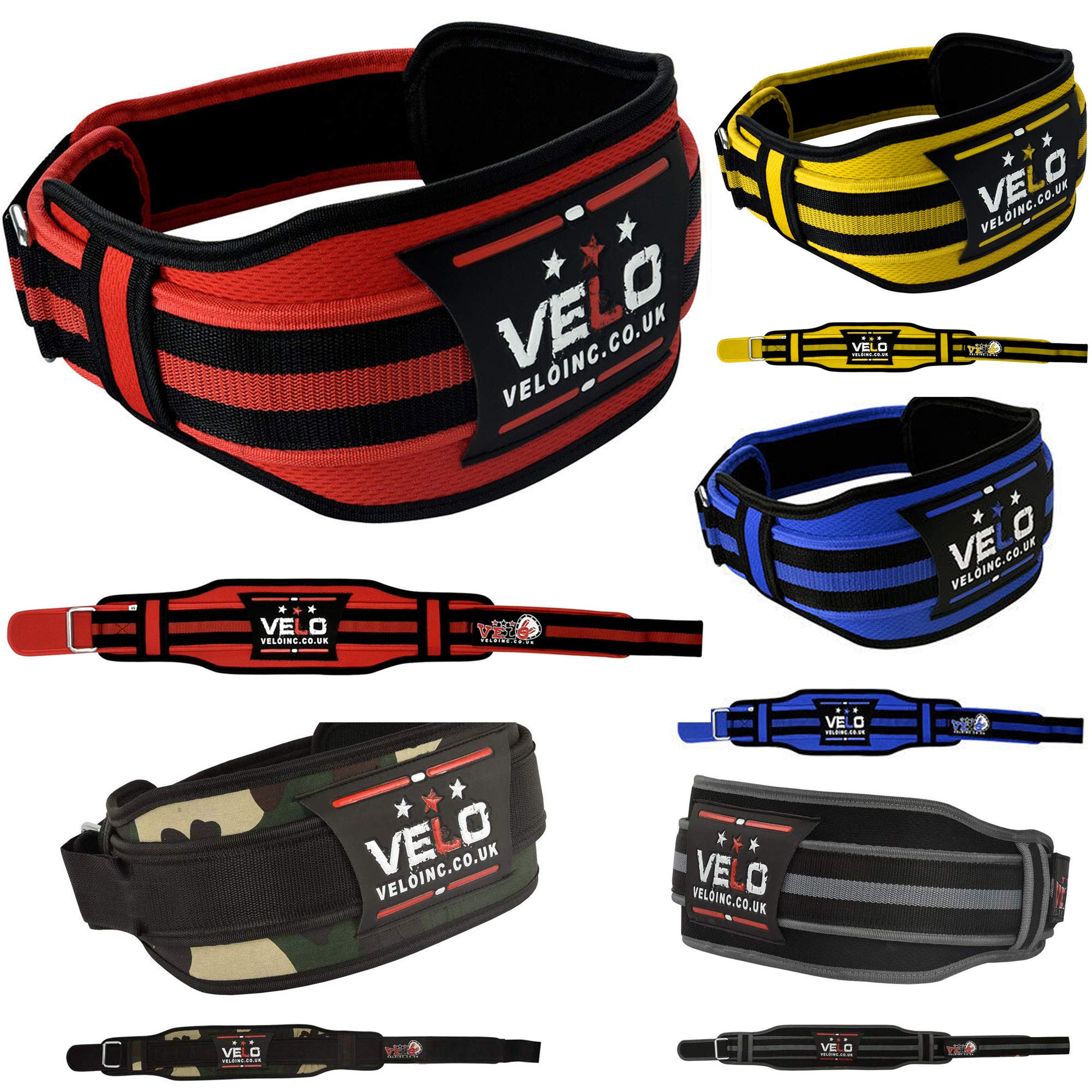VELO Weight Lifting Belt - 4" Neoprene Lumbar Support - EVA Gel Sheet - Structured Training - Ventilated - Steel Buckle - Lightweight - Blue, Red, Yellow, Grey, Camo