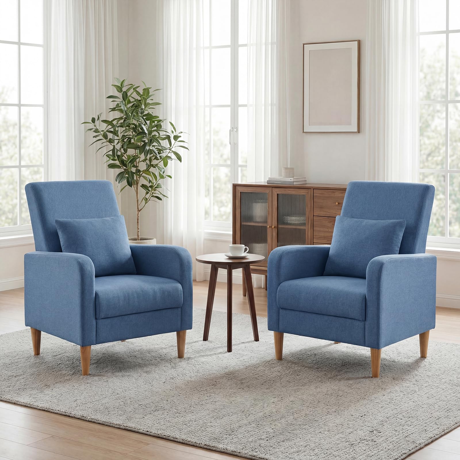 COLAMY Mid-Century Modern Upholstered Accent Chair with Back Pillow & Solid Wood Legs, Fabric Cozy Armchair for Living Room, Bedroom, Reading Nook,