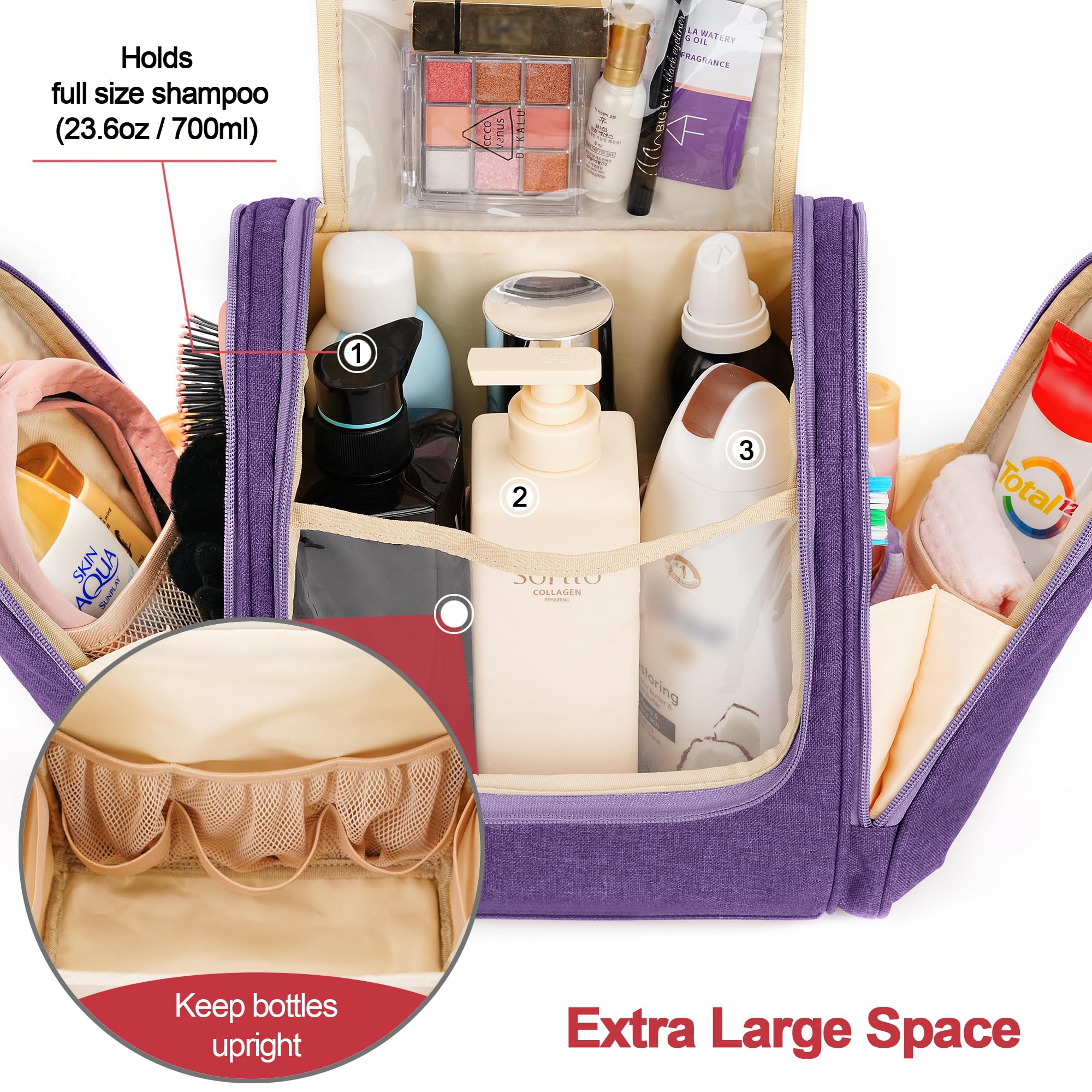 COOSKY Extra große hängende Reise-Kulturbeutel für Damen und Herren, Hygienebeutel, Badezimmer- und Dusch-Organizer-Set mit Gummiband-Haltern für Toilettenartikel, Kosmetik, Make-up, Pinsel, F