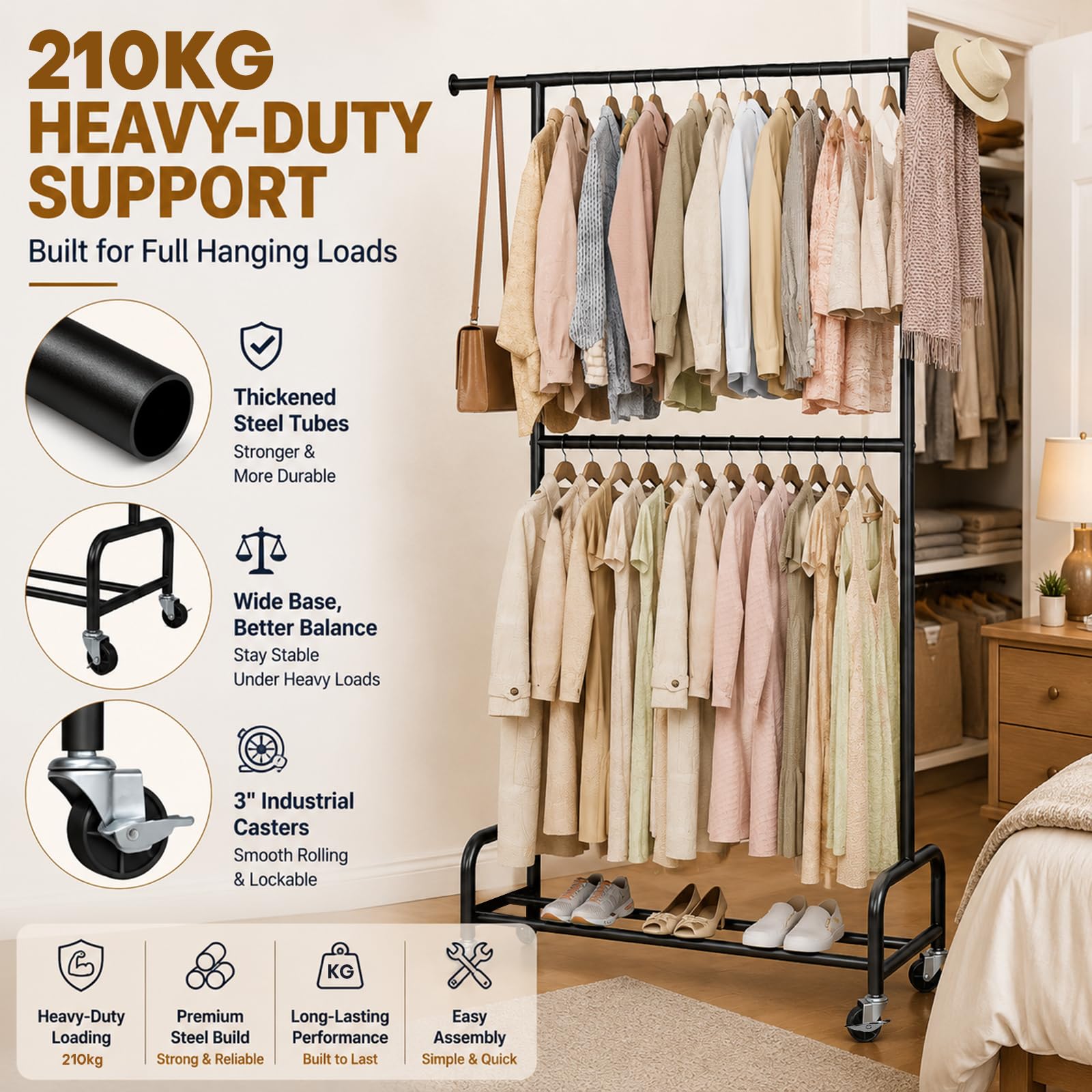 Yorbay Perchero con ruedas resistente y robusto: capacidad de carga de 210 kg | Perchero multifuncional de metal con estante, para ahorrar espacio, para dormitorio, lavandería